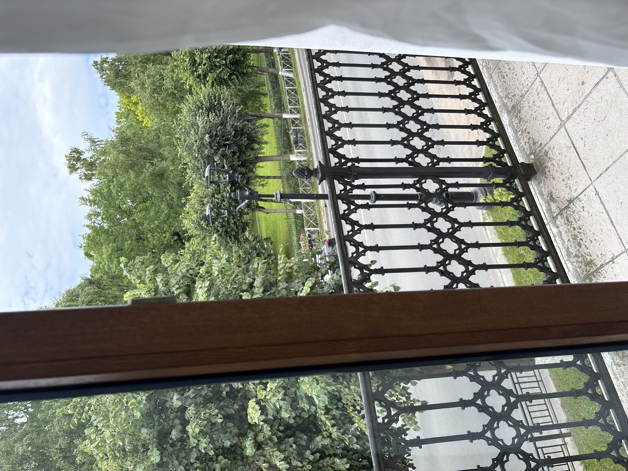 This image captures a view from a balcony overlooking a street and park in Gatchina, Russia. A decorative black metal railing with an ornate pattern runs along the edge of the balcony. Beyond the railing, a paved street is visible, with a sidewalk and a strip of green grass separating it from a park. The park is lined with several trees, and a black street lamp with two lights stands prominently near the sidewalk. In the background, more trees and a cloudy sky are present. On the street, a dark-colored vehicle is partially visible, and the overall scene suggests a calm, daytime setting. The balcony itself has a tiled floor. The image is framed by a wooden doorjamb on the left and a white curtain on the right.