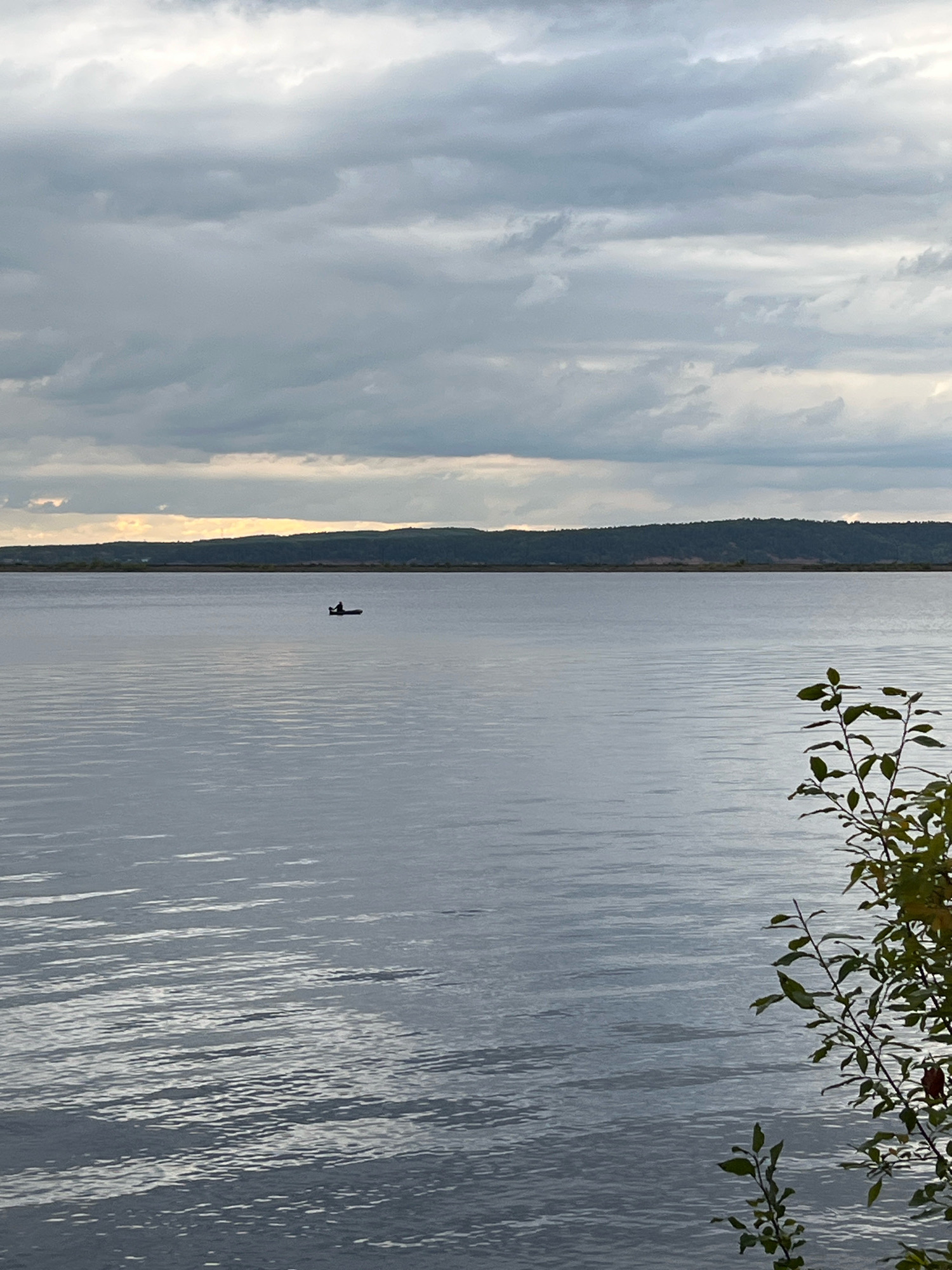 A vertical, full shot captures a serene, overcast day on the Kama River in Chaikovsky, Russia. The water is calm with subtle ripples, reflecting the cloudy sky. In the mid-distance, a lone figure is visible in a small, dark boat, suggesting a moment of quiet contemplation or fishing. The far bank of the river is lined with a dense, dark green forest that meets the horizon. Above the tree line, a pale yellow band of light pierces through the grey clouds, hinting at the sun trying to break through. The foreground right features a small cluster of green leaves and branches, adding a touch of nature to the scene.