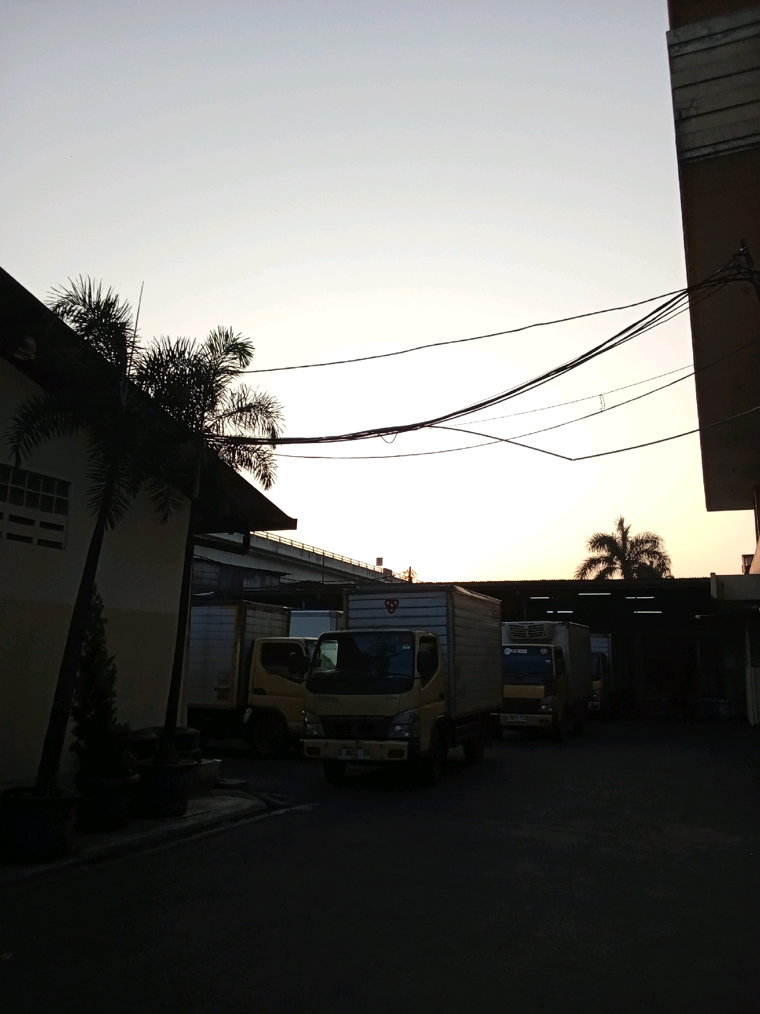 The image depicts an outdoor scene at dusk, characterized by low light conditions. In the foreground, several delivery trucks are parked in a row on an asphalt surface. The trucks are of various sizes and colors, with some appearing to be refrigerated units. To the left of the trucks, a building with a white facade and a dark roofline is visible. Palm trees are silhouetted against the sky, suggesting a tropical or subtropical location. Overhead, a complex network of electrical wires spans the frame. In the background, a bridge or elevated structure is partially visible, also silhouetted. The sky exhibits a gradient of light colors, transitioning from a pale yellow near the horizon to a lighter hue at the top of the frame, consistent with sunset or sunrise. No people are discernible in the image. The overall impression is that of an industrial or logistical area at the end of the day.