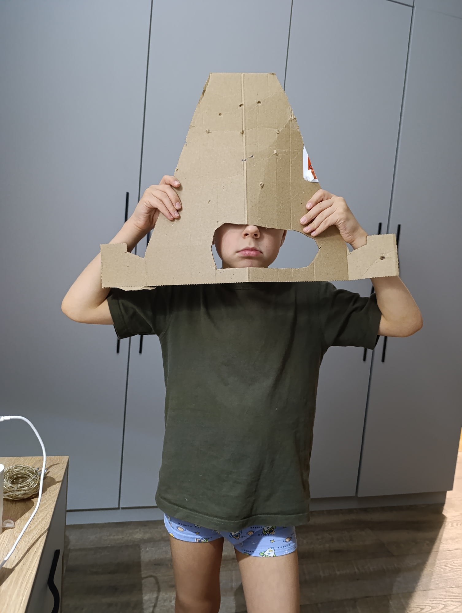 A boy stands indoors, holding a large, brown, cardboard letter "A" in front of his face. The letter has several holes in it. The boy is wearing a dark green t-shirt and blue underpants with cartoon-like designs. He appears to be indoors, against a backdrop of grey, modern cabinetry with black handles. A side table is visible to the left, with some string and a charger cable on it. There is no indication of the location being Chaikovsky, Russia.