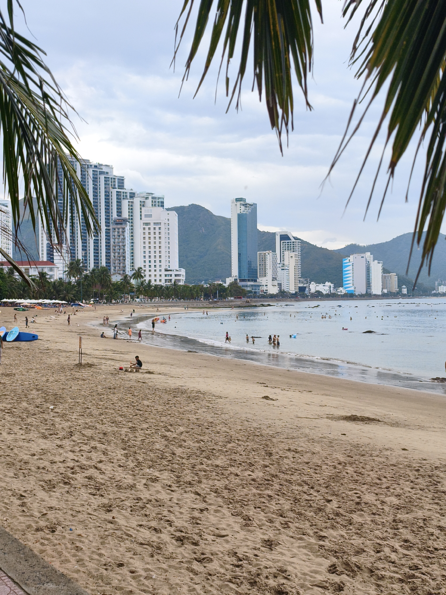 The image depicts a busy beach scene in Nha Trang, Vietnam, with a backdrop of modern high-rise buildings. The foreground is dominated by sandy beach with footprints and some debris. Several palm fronds frame the top of the image.
In the mid-ground, people are scattered across the sand and in the shallow water. Some are sunbathing or relaxing under umbrellas, while others are wading or swimming. There are several surfboards and other beach equipment visible. A young boy is sitting on the sand, seemingly playing with sand.
The background features a row of tall, contemporary buildings, suggesting an urban coastal setting. The sea is calm, with gentle waves lapping the shore. The sky is overcast, with soft clouds. The overall impression is a lively beach on a somewhat cloudy day in a city known for its coastal attractions.