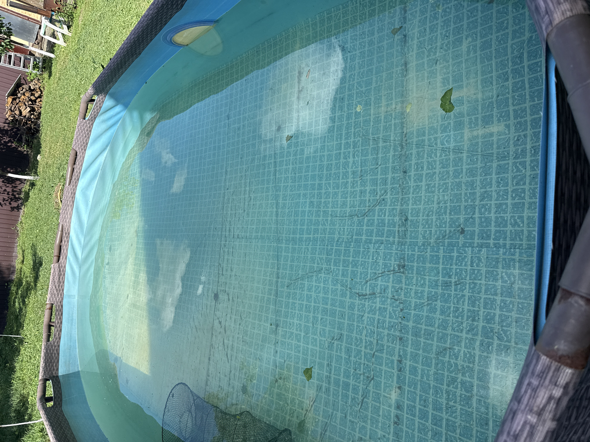 The image shows an above-ground swimming pool filled with water. The pool has a patterned liner at the bottom and sides. Leaves and debris are visible floating on the surface and at the bottom of the pool. A blue net is partially submerged in the water on the left side of the pool. The pool is situated in a grassy yard, with a wooden fence and a pile of firewood in the background. A ladder is leaning against a structure to the right of the firewood. The scene appears to be a residential backyard in Horbanivka, Ukraine.