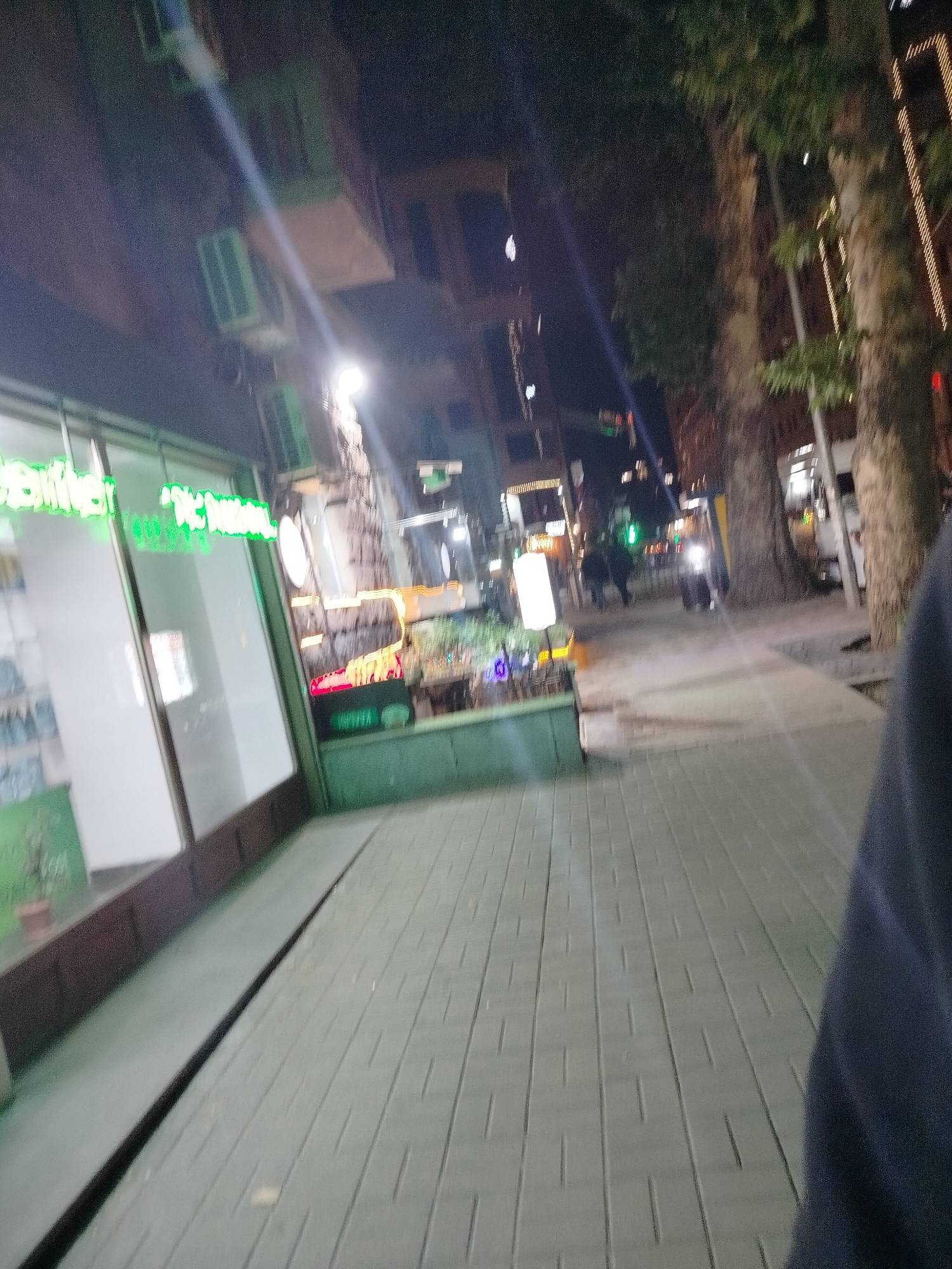 The image shows a street scene at night in Yerevan, Armenia. The location appears to be a sidewalk lined with shops and trees. The storefront on the left features a sign with illuminated green letters. The sidewalk is paved with rectangular blocks. Across the street, there are other illuminated signs and building lights. Several people and at least one motorcycle with its headlight on can be seen further down the street. Some trees are visible to the right of the road. The image is somewhat blurry, and a portion of a person’s dark clothing is visible on the right edge of the image.