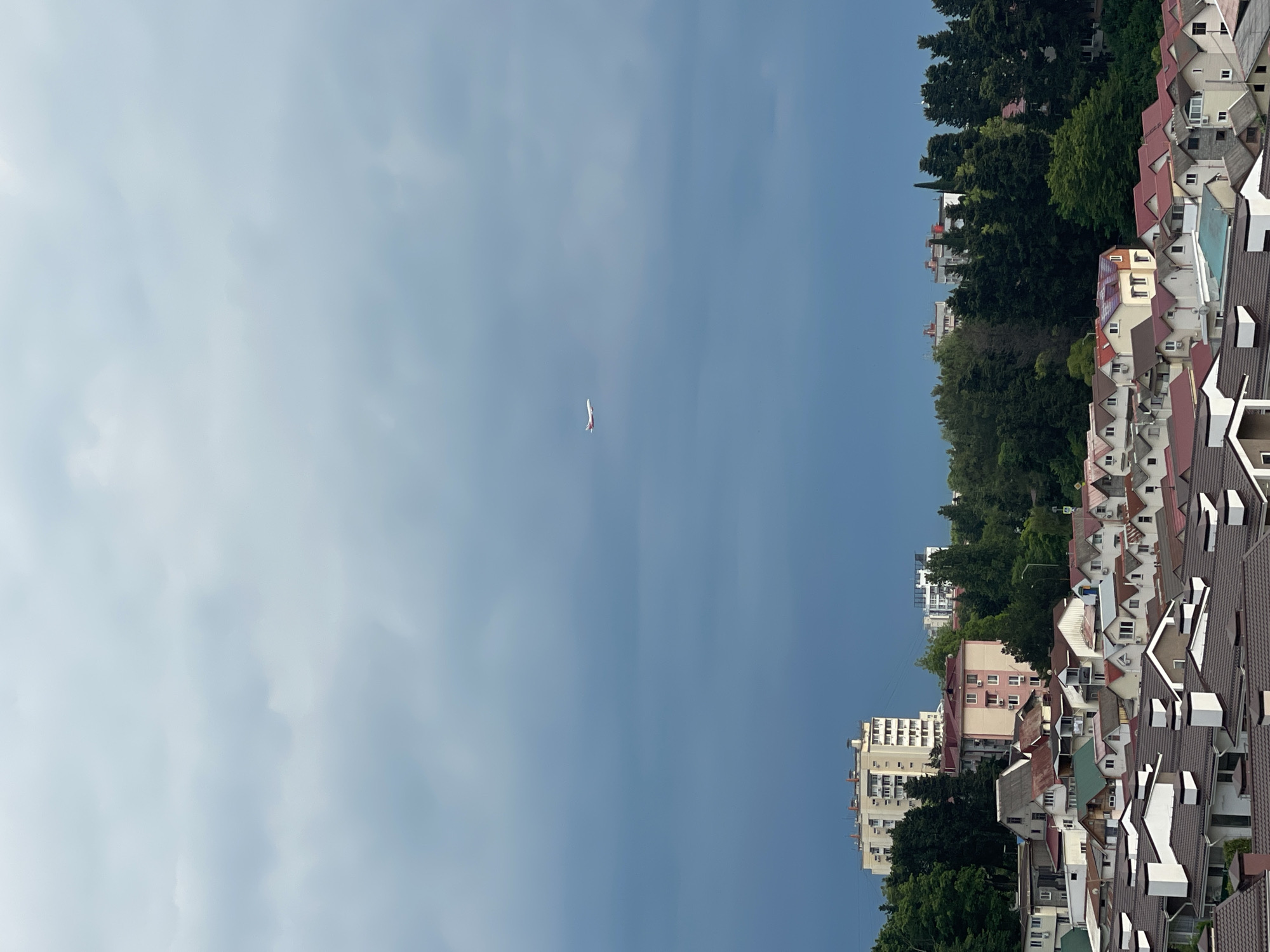 The image depicts an aerial view of a residential area in Sochi, Russia, under a cloudy sky. An airplane with red and white markings is visible flying in the distance. The cityscape below features a mix of multi-story buildings and smaller houses with red and brown roofs. Lush green trees surround the buildings, indicating a verdant environment. The sky is predominantly grey and overcast, with darker tones suggesting potential rain. The scene is devoid of any visible people or specific actions.