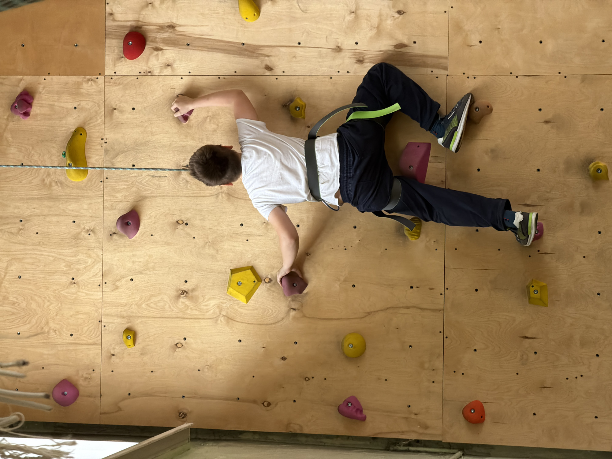 An overhead view captures a young person actively engaged in climbing an indoor wall. The climbing wall is constructed from light-colored wooden plywood panels, featuring a grid of pre-drilled holes for attaching climbing holds.
The climber, seen from behind, wears a white short-sleeved t-shirt, dark blue pants, and athletic shoes with prominent green accents. They are secured by a dark grey safety harness, with a bright lime-green strap visible around their waist and upper thigh. A white and blue patterned climbing rope extends horizontally across the wall, passing near the climber's left side.
Various brightly colored climbing holds are bolted onto the wooden surface. These holds come in different shapes and sizes, colored red, yellow, purple, and pink, with some also appearing in light brown tones. The climber's right hand grasps a small purple hold, while their left hand is placed on a larger, light brown hold. Their right foot is positioned on a reddish-pink hold, and their left foot is on a smaller, light brown hold further up the wall.
The scene suggests an indoor climbing facility or gym, characterized by the specialized wall and safety gear. The lighting is uniform and bright, typical of an indoor environment. No text is visible in the image. The activity indicates focus and physical engagement. The location context is Izhevsk, Russia.