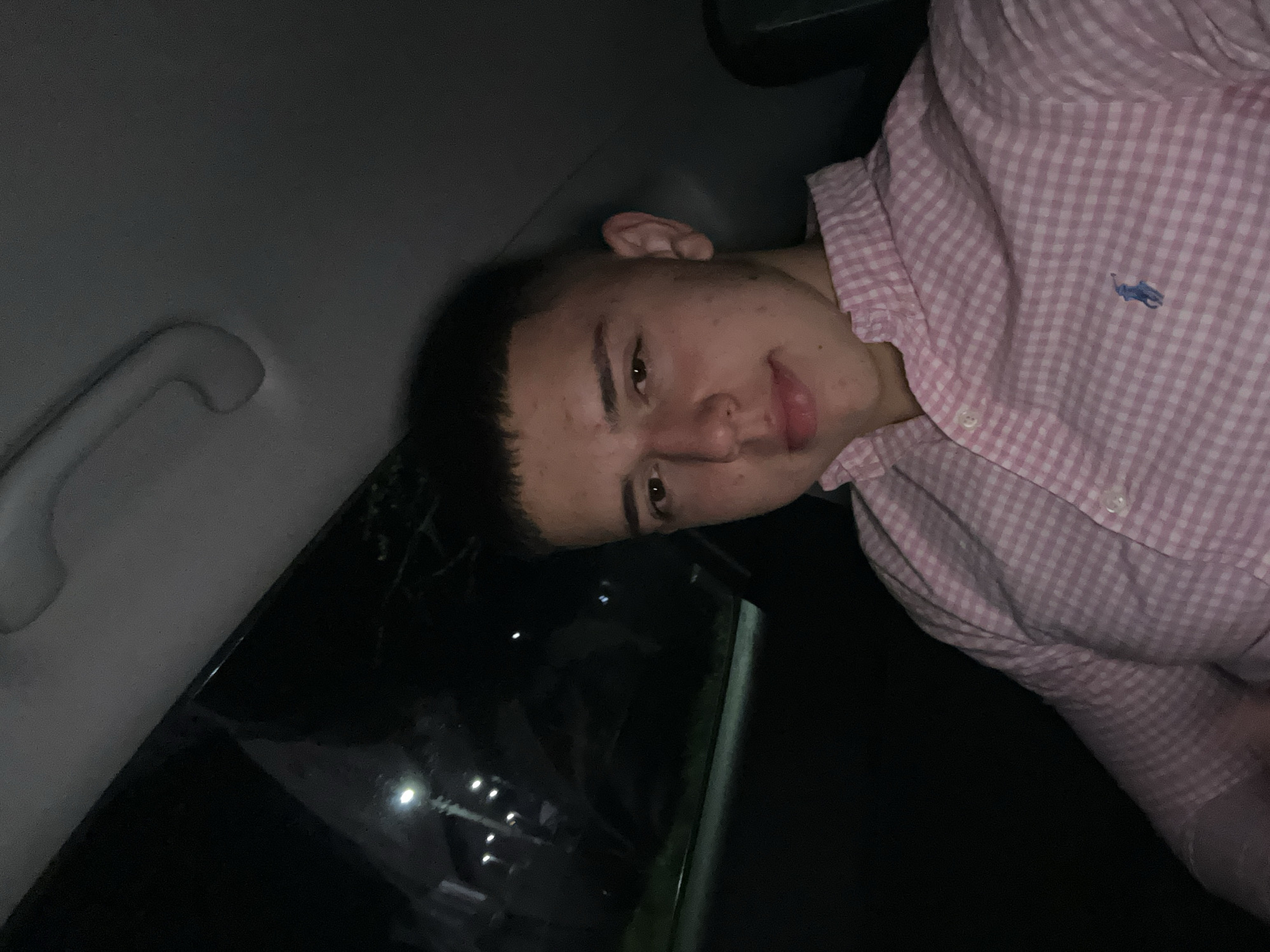 A young man sits inside a car. He is wearing a pink and white checkered shirt with a Polo Ralph Lauren logo. The interior of the car is visible, including a grab handle on the ceiling. Outside the car window, streetlights are visible, suggesting it is nighttime. It is not possible to determine if this photo was taken in Zlatograd, Bulgaria.