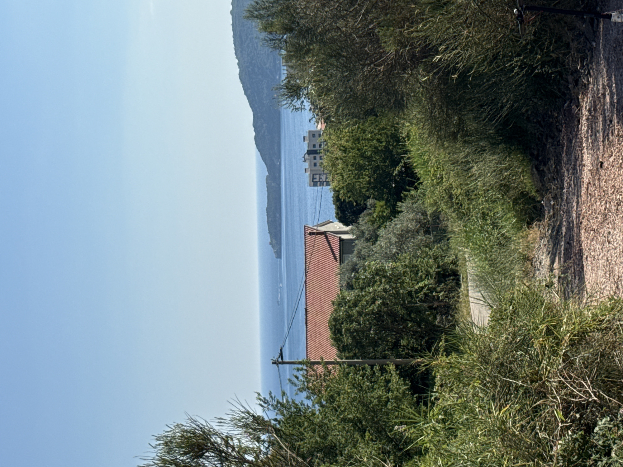 The image depicts a scenic view in Rafailovići, Montenegro, overlooking the Adriatic Sea. In the foreground, a dirt path leads downhill, flanked by lush green vegetation and tall grasses. To the left, a pole with electrical wires stands tall amidst the greenery, a small house with a red tiled roof is visible behind it. In the middle ground, several buildings, including a multi-story structure and a smaller, lighter-colored building, are situated near the coast. The background is dominated by the calm blue waters of the sea and a distant, green, hilly coastline. The sky is clear and bright blue.