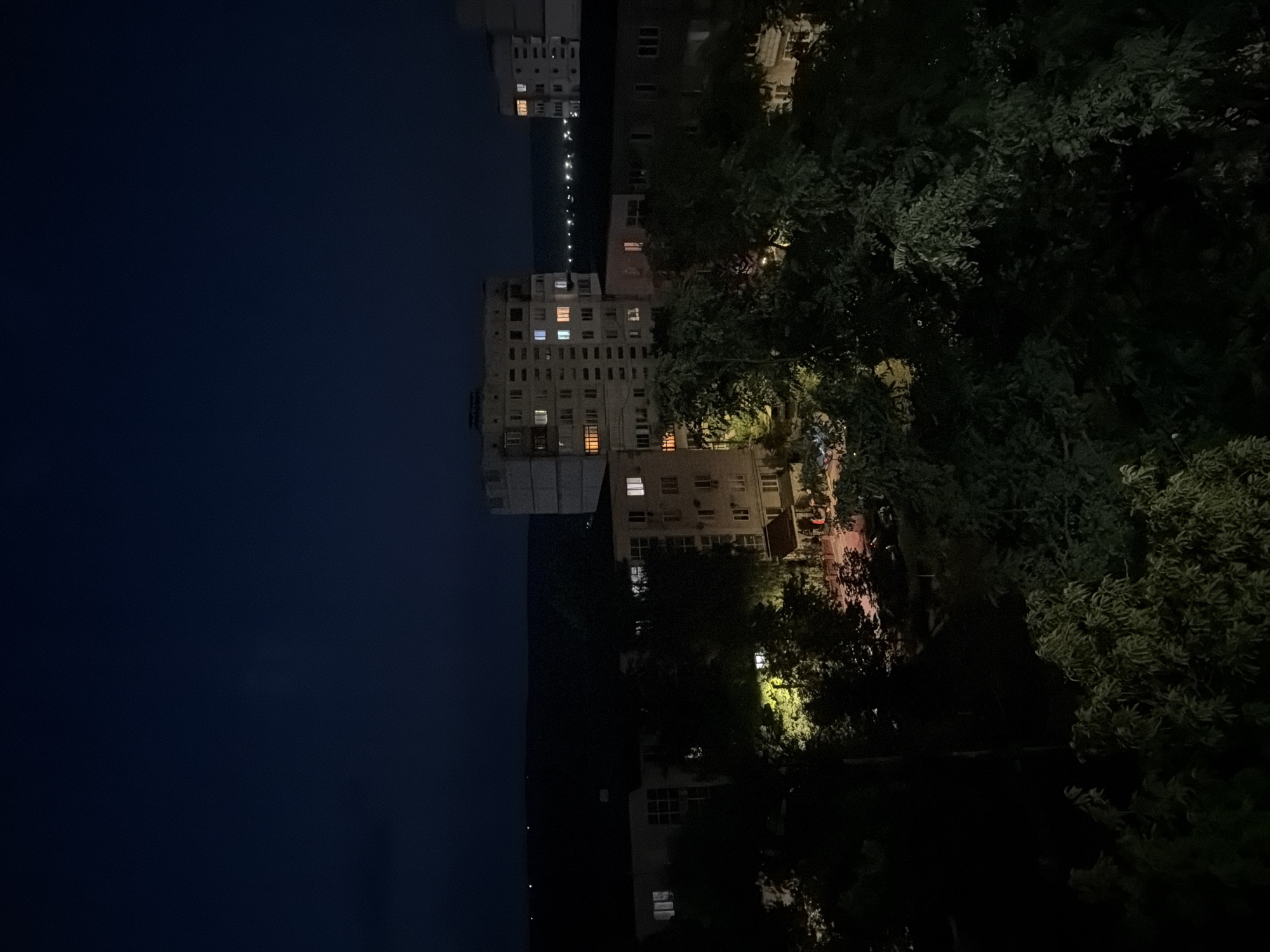 This is an aerial, nighttime photograph of an urban landscape in Strășeni, Moldova. In the foreground, dense, dark foliage of trees obscures much of the lower portion of the image.
Dominating the mid-ground are several multi-story residential buildings. One prominent building, light-colored and blocky, has numerous windows illuminated with warm, orange light, indicating internal occupancy. To its right, another similar building is visible, also with lit windows. Further to the left and closer, another building appears with some lit windows.
In the background, a dark, hilly landscape is suggested, with a faint line of lights possibly marking a distant settlement or road. The sky above is a deep, dark blue, transitioning to black at the top, suggesting late evening or night. The overall scene depicts a residential area at night, with artificial light emanating from the buildings contrasting with the natural darkness and foliage. No people are clearly discernible in the image.