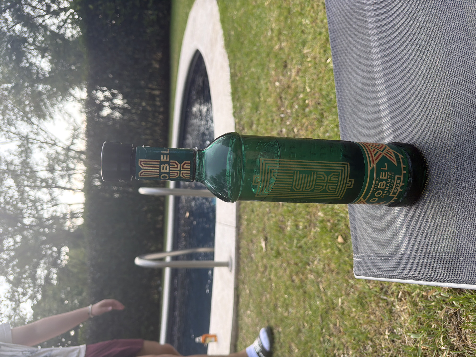A green bottle of Dobel Tequila Diamante lies horizontally on a gray, mesh-covered surface, likely part of an outdoor chair or lounger. The bottle is positioned with its label facing upward. The surrounding environment suggests an outdoor setting, possibly a backyard or patio. In the background, there is a swimming pool with a curved edge and visible pool ladders. Green grass is visible on either side of the pool. A person is visible in the bottom left, wearing a white shirt and burgundy shorts. A foot wearing a white sock and blue-and-white shoe is visible near the bottom center. The image appears to be taken outdoors on a sunny day. The location is near a swimming pool, which suggests a residential or recreational area. Santa Ana Yancuitlalpan (Chilhuacán), Mexico cannot be determined from the available visual evidence.