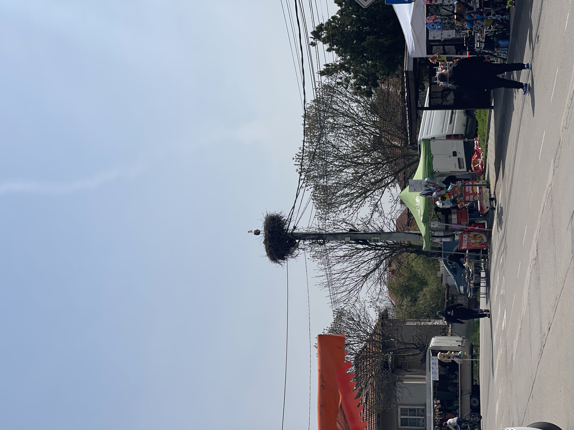 The image shows a street scene in a town, likely a suburb of Sofia, Bulgaria. A large bird nest, presumably for storks, sits atop a utility pole with numerous power lines. A white bird, possibly a stork, is visible in the nest. Street vendors and shoppers are present on the side of the road. Tents, vans, and carts, likely associated with the vendors, line the street. An orange banner is visible in the foreground. The sky is clear and light blue. People are walking along the street.