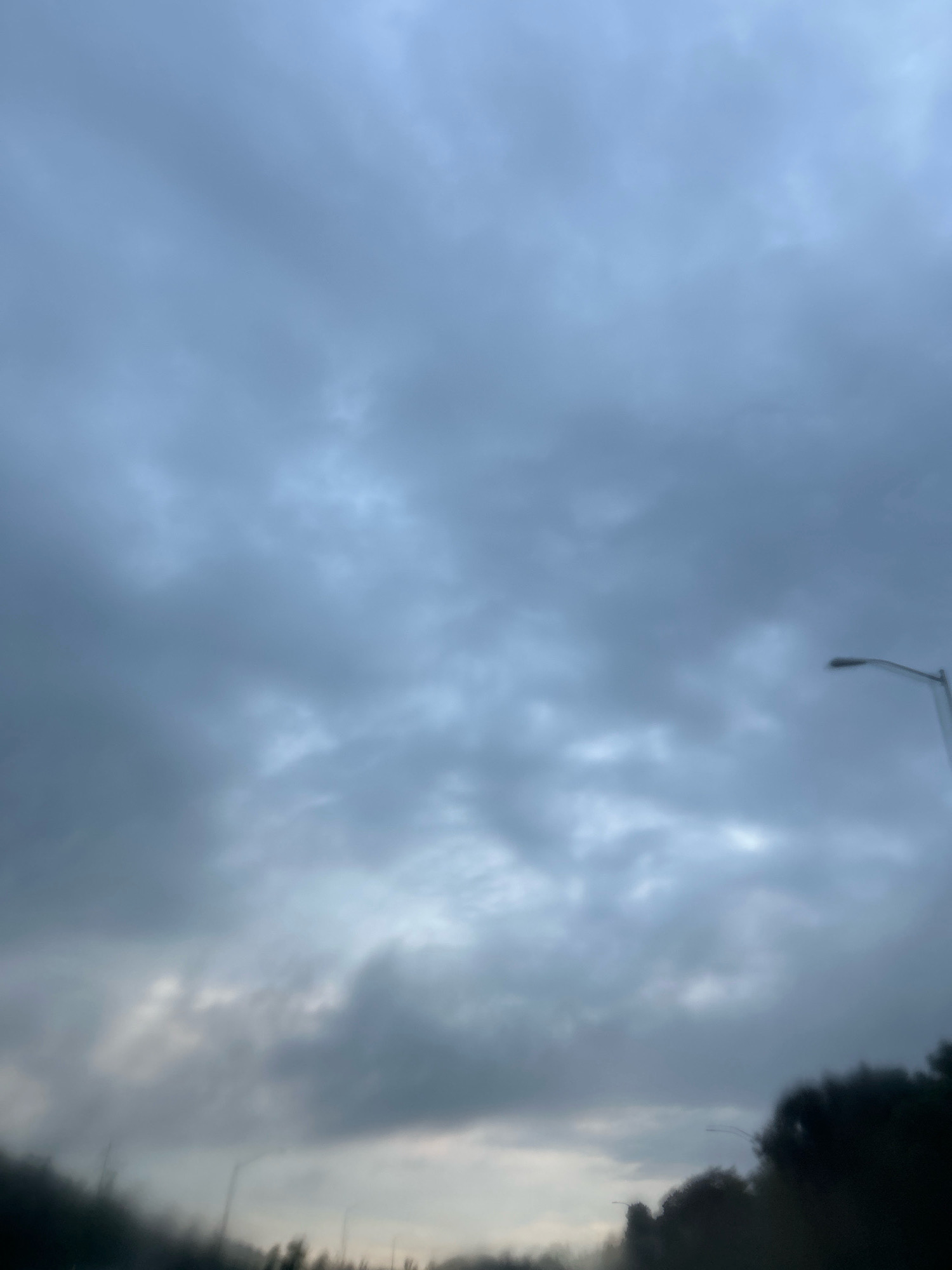 An outdoor, low-angle, medium shot captures a view of an overcast sky in Robinson Township, United States of America. The sky is filled with gray clouds, some of which appear darker than others. The top half of the frame is dominated by the clouds, while the bottom half shows a blurry, dark silhouette of trees and foliage on the right and left sides. A street light pole is visible on the far right, extending upwards into the sky. The overall lighting suggests a dimly lit, possibly pre-dawn or dusk setting, or a heavily clouded day.