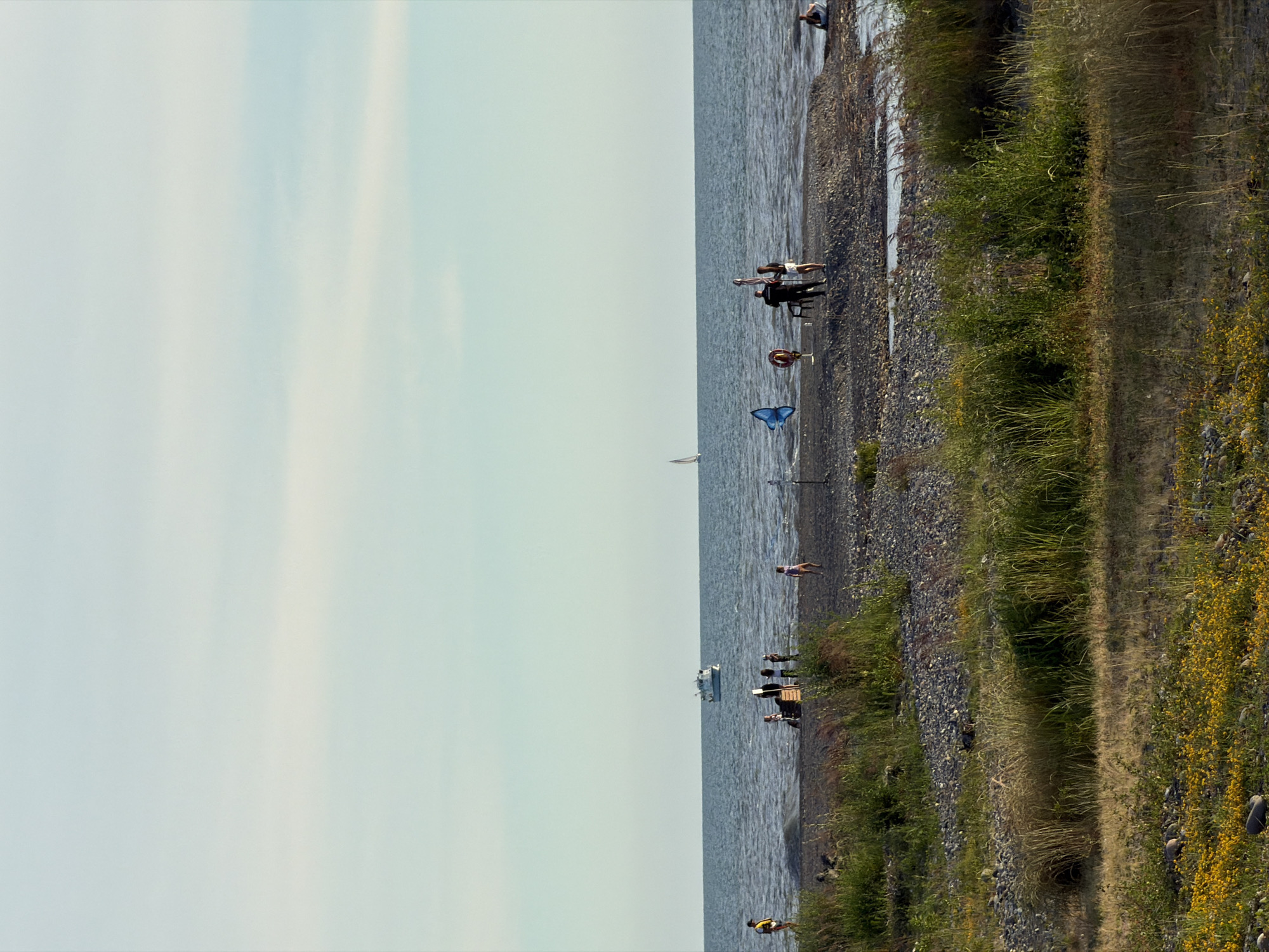 The image depicts a tranquil scene on a pebble beach, likely located in Sirius, Russia, given the context of its potential origins. The vast, calm expanse of the sea dominates the upper half of the frame, meeting a pale, cloud-streaked sky. A white boat with a blue stripe is visible in the distance on the water, with a lone sailboat further to the left.
On the shore, several individuals are scattered across the pebble beach. To the far left, a person in a yellow shirt stands facing the sea. Closer to the center, a small group of people, including children, are gathered near a wooden structure. Further to the right, two adults stand near a life preserver and a blue kite, with another person seated on the beach to the far right. The foreground is characterized by a mix of dry grass and scattered yellow wildflowers, transitioning into more dense, green vegetation along the edge of the beach. The overall impression is one of a peaceful, late afternoon at the seaside.