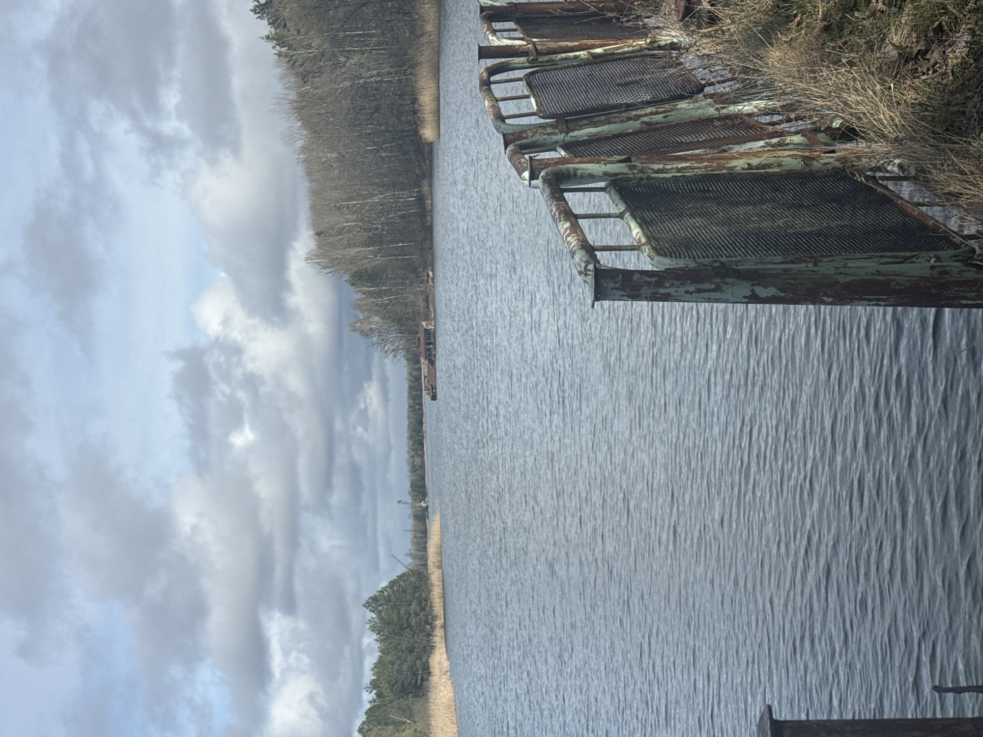 The image depicts a body of water with rusted metal structures along the edge. The structures appear to be old, possibly abandoned platforms or walkways. The water surface is rippled, suggesting a slight breeze. Beyond the water, there is a line of trees and vegetation. The sky is overcast with clouds. The location is likely within the city of Prypiat, Ukraine, based on the presence of deteriorating infrastructure and its proximity to the Chernobyl Exclusion Zone.