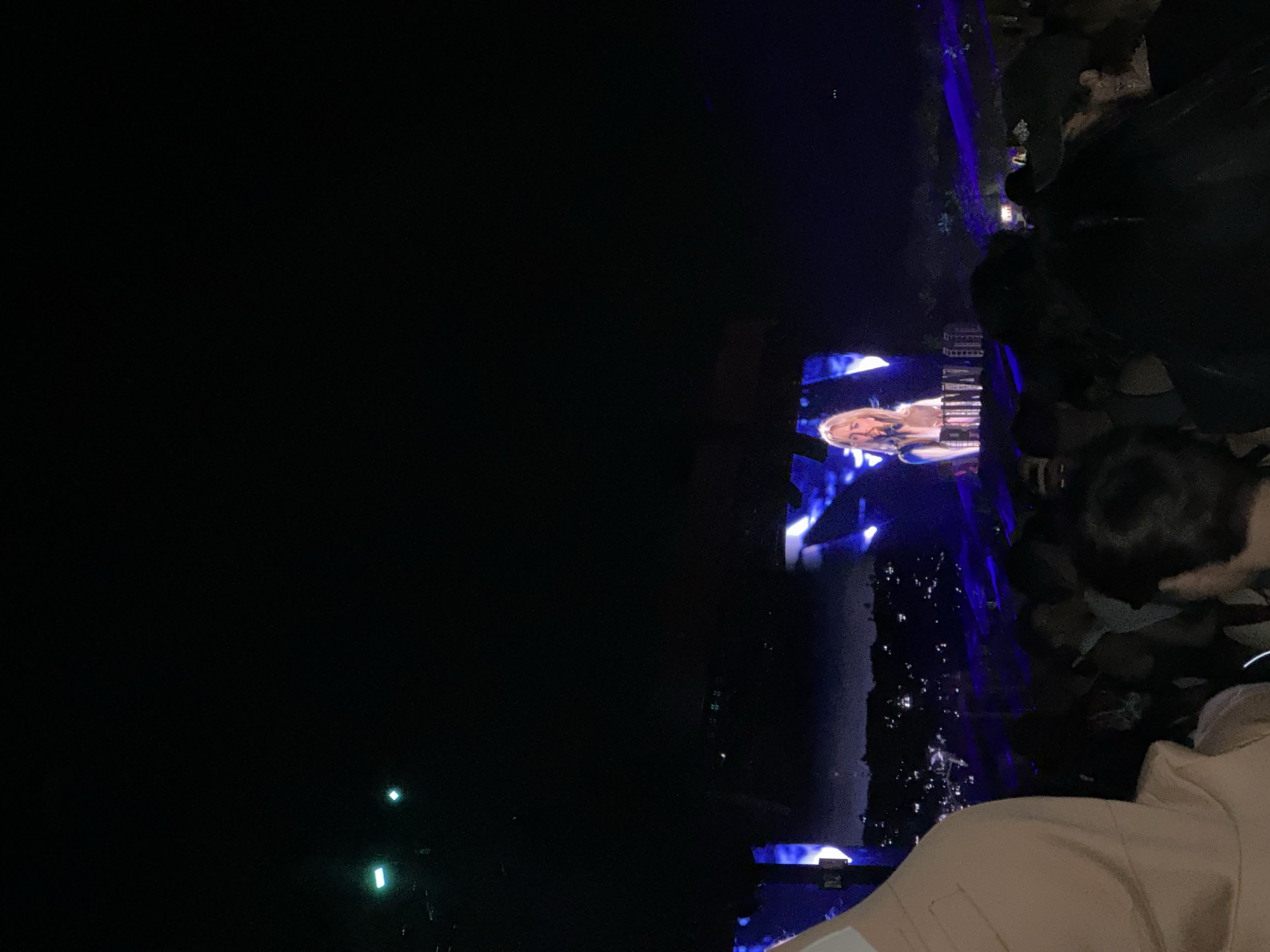 The image shows a dark, poorly lit scene, likely at a concert or large event. A large screen displays a blonde woman singing into a microphone. In the foreground, the backs of several people's heads and shoulders are visible, suggesting they are part of the audience. Blue lighting is cast across the scene. The location appears to be in a city at night, with dim lights visible in the distance below the screen. The city and precise location are unknown.