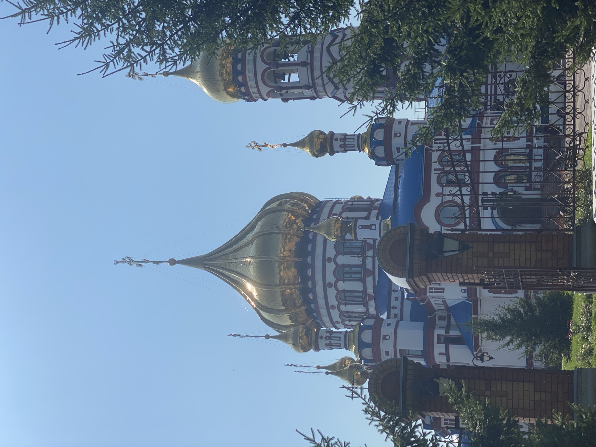 The image depicts the Transfiguration Cathedral in Novokuznetsk, Russia. The cathedral is a large, white building with blue roofs and multiple golden domes topped with crosses. It features ornate architectural details, including red trim and arched windows. A tall bell tower with bells visible is also part of the structure. Evergreen trees frame the foreground of the image, with their branches partially obscuring the cathedral. In front of the cathedral, there is a brick gate with ornate metalwork and lampposts. The sky above is clear and blue. There are no people visible in the image. The scene is bathed in bright sunlight, creating reflections on the golden domes.