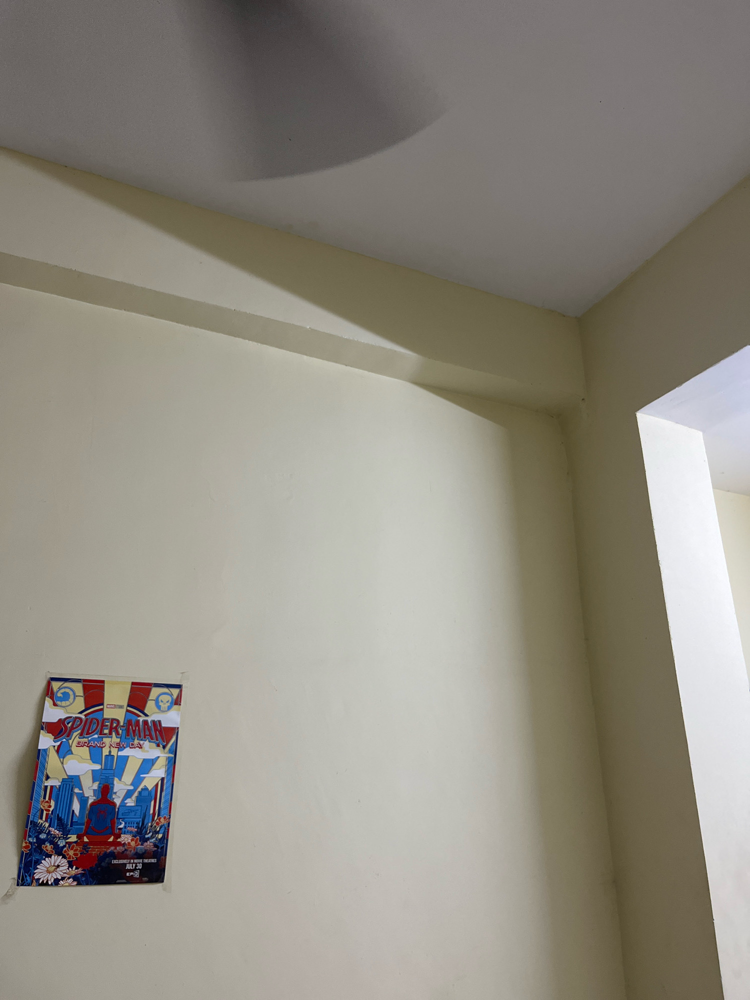 The image depicts an interior scene with light yellow walls and a white ceiling. A poster, identified as "SPIDER-MAN BRAND NEW DAY," is affixed to the left wall. The poster features a stylized illustration of Spider-Man against a backdrop of a cityscape and a vibrant sky, with floral elements at the bottom. The poster also indicates "EXCLUSIVELY IN MOVIE THEATRES JULY 30." The scene appears to be a residential or commercial interior, and there is no discernible information to place it in Narkatpalli, India, or any other specific city. There are no people, actions, or interactions visible. The environment is static and shows no signs of activity. The lighting suggests an indoor setting, possibly with natural light entering from an unseen source.