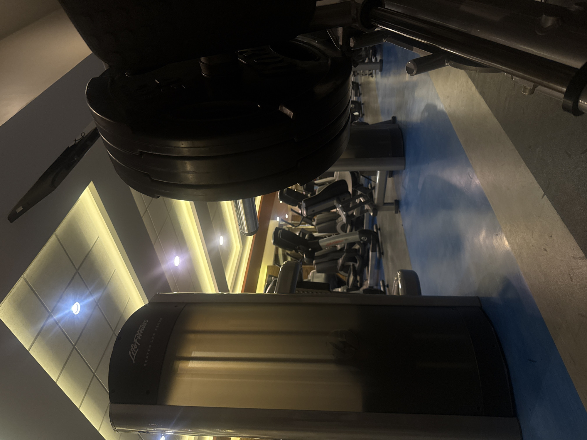 The image depicts the interior of a modern fitness center, likely a gymnasium, taken from a low angle. In the immediate foreground on the right, heavily shadowed, dark circular weight plates are stacked on a piece of exercise equipment, partially obscuring the view. To the left of the foreground, a prominent silver-colored Life Fitness "SEATED LEG PRESS" machine stands, its reflective surface catching the overhead light. In the midground and background, numerous other exercise machines, including cardio equipment and additional strength training apparatus, are visible, extending into the distance across a blue rubberized gym floor with a lighter blue or gray stripe. The ceiling is a suspended grid design featuring multiple rectangular illuminated panels and several circular recessed spotlights, which emit a warm, artificial light. No individuals are visible within the scene. The image lacks specific identifying markers to pinpoint its precise location within Mexico City, Mexico.