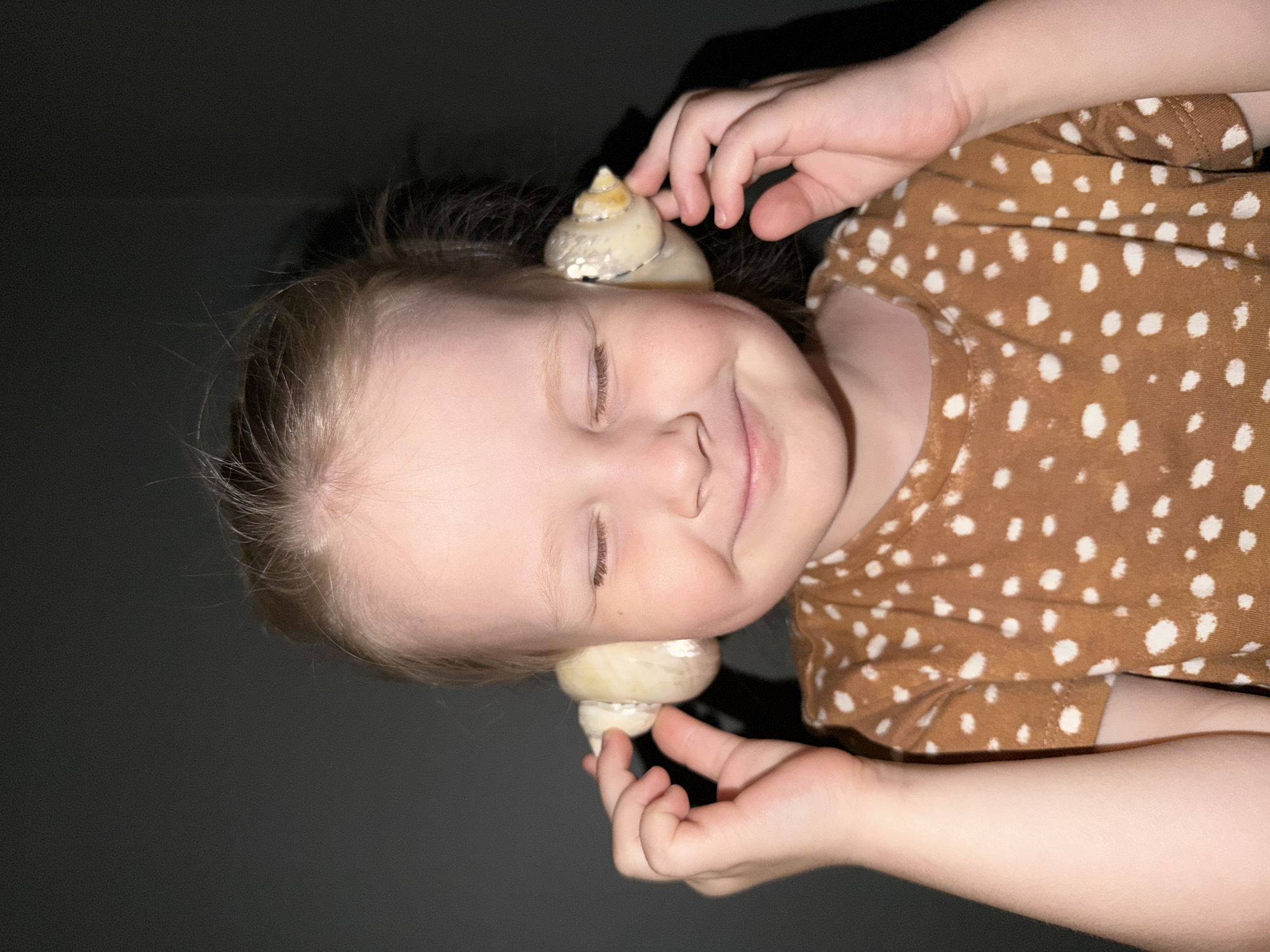 A young child, likely a toddler or preschooler, is captured in a close-up, slightly angled shot. The child has light-colored hair and fair skin, with their eyes gently closed and a soft, happy smile on their face, indicating contentment or amusement. They are wearing a brown or rust-colored t-shirt adorned with white polka dots, reminiscent of a fawn's pattern.
The central activity depicts the child holding two large, light-colored seashells up to their ears, one on each side. Their small hands delicately grasp the shells, suggesting they are actively "listening" to them, a common playful association with seashells and the sound of the ocean.
The background is a uniform dark color, providing a stark contrast to the child's bright skin and the shells. This dark backdrop suggests an indoor setting with either low lighting or a deliberate, plain background, offering no specific location cues or time of day. No text is visible in the image. The overall impression is one of innocent playfulness and serene enjoyment.