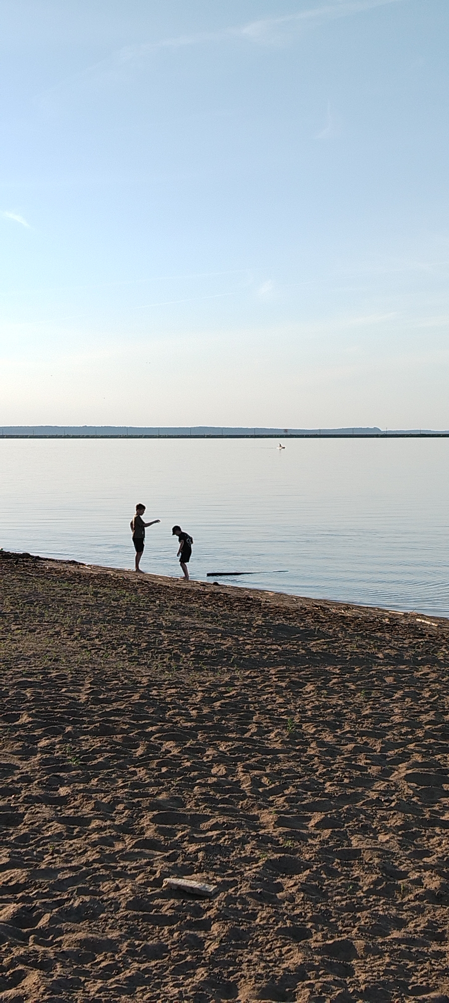 Two figures stand on a sandy beach near the water's edge. The figure on the left points out towards the water, while the figure on the right looks down towards the water. A piece of driftwood floats in the water behind them. In the background is a body of water with a faint horizon line and light sky. The location is Chaikovsky, Russia.
