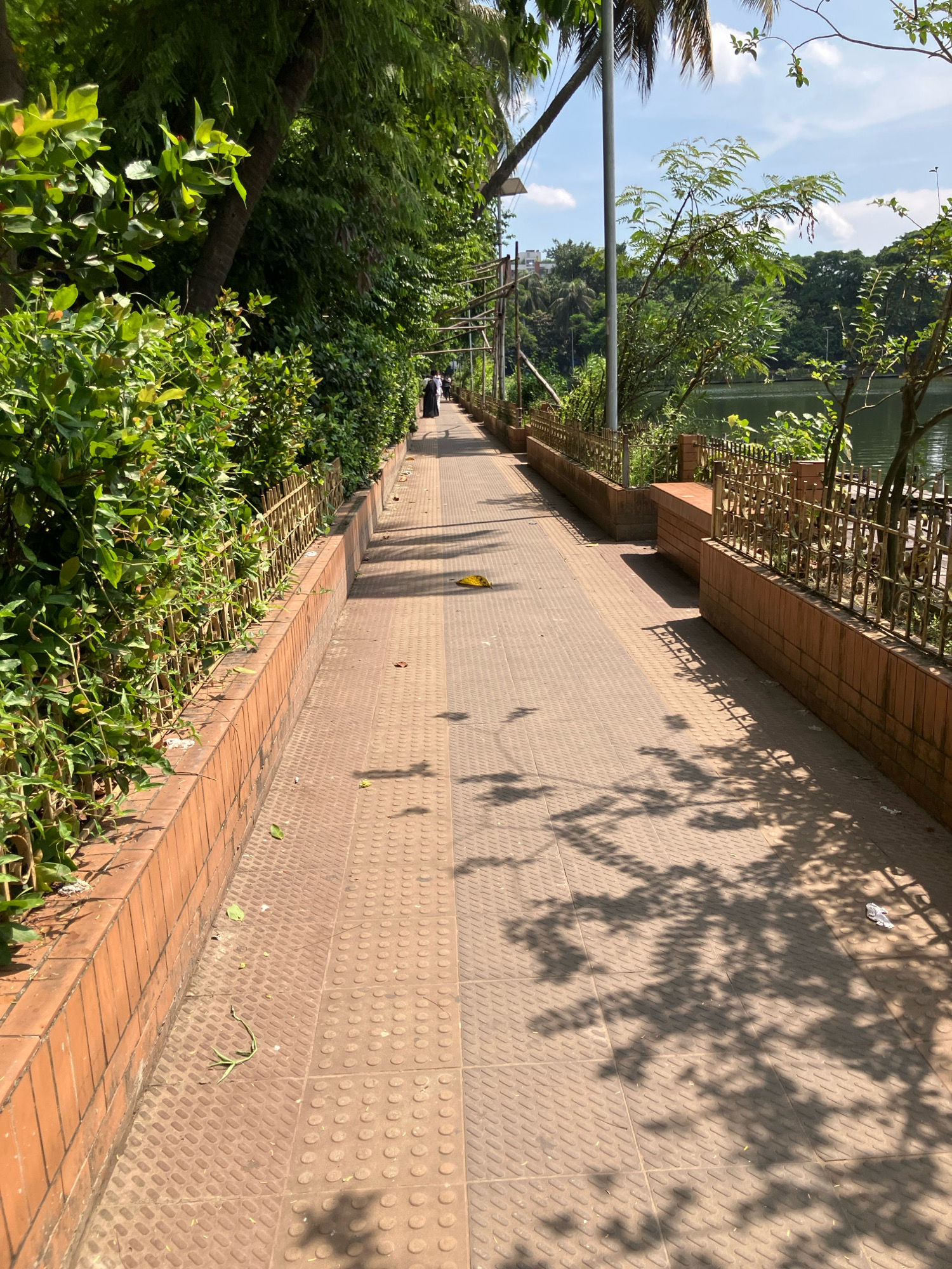 A paved walkway runs alongside a body of water, bordered by lush greenery and a low brick wall topped with a decorative fence. The walkway is made of tan-colored tiles with a raised circular pattern. Shadows of tree branches are cast across the path. A few people are visible in the distance, walking along the walkway. The environment appears to be a park or public garden, possibly in the city of Feni, Bangladesh, given the tropical vegetation. The sky is visible in the upper right quadrant, with scattered clouds. The scene is brightly lit by sunlight, suggesting it is daytime.
