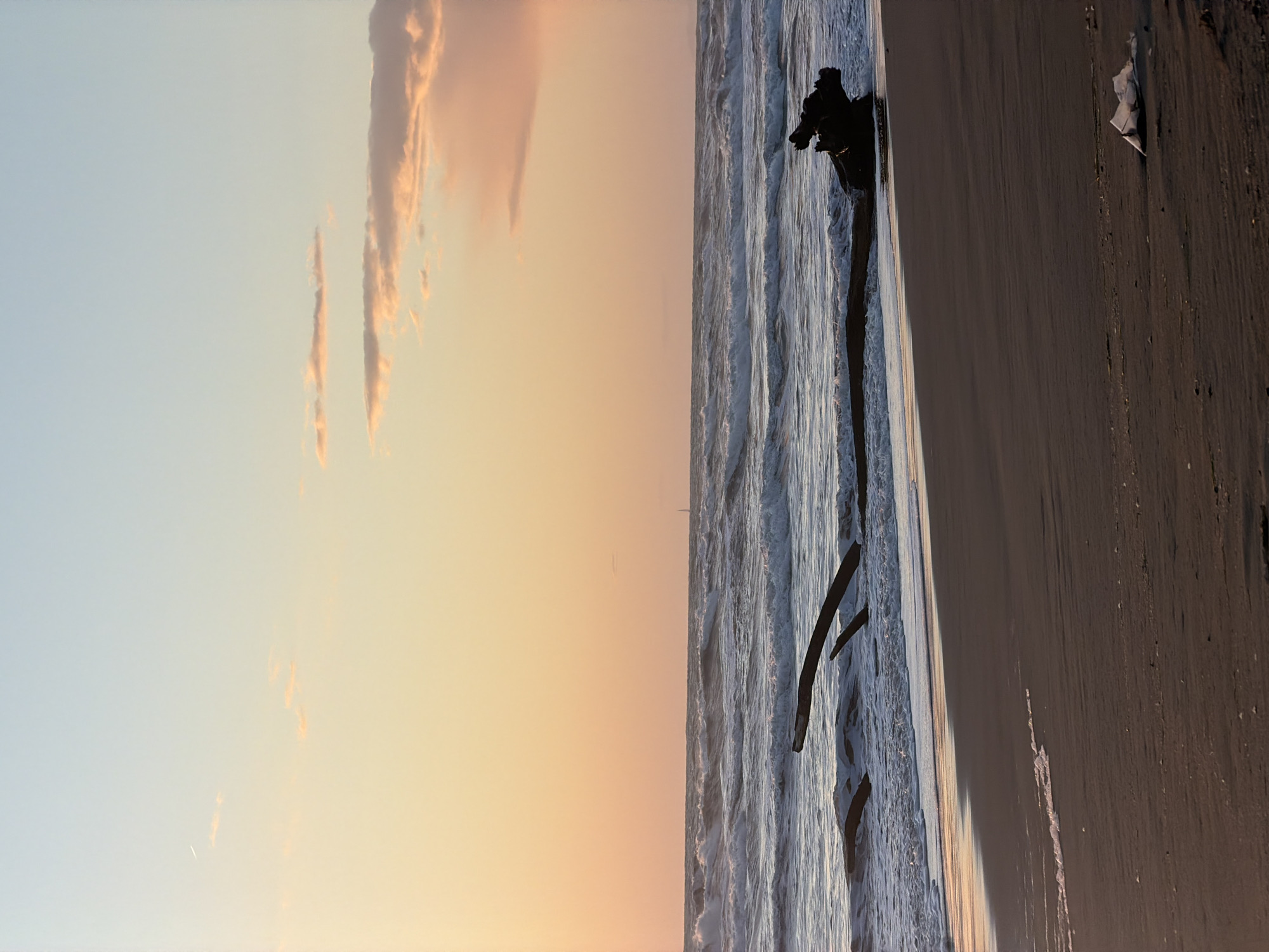 The image depicts a beach scene likely at sunset or sunrise, with the horizon oriented vertically. The left side shows a sky with a gradient of light blue to warm orange, with thin, elongated clouds. The right side features a beach, with waves crashing on the shore. A piece of driftwood or a similar object is partially submerged in the water, extending onto the sand. Further along the beach, there's what appears to be a piece of trash. Based on the prompt mentioning Castagneto Carducci, Italy, this scene is likely a beach within that coastal area. No people are visible.