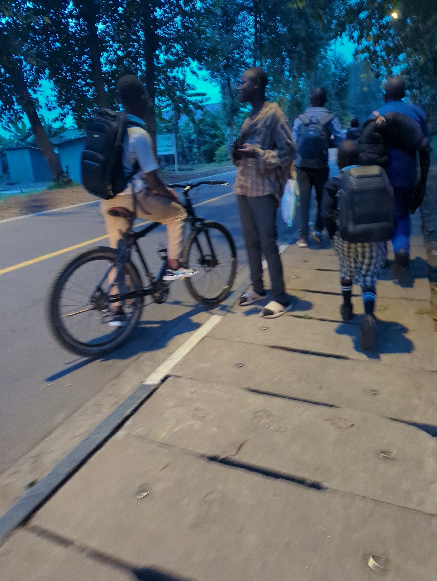 In the city of Musanze District, Rwanda, a group of individuals are seen on or beside a paved road, which has a yellow line dividing lanes. A young male is riding a bicycle, wearing a white t-shirt and khaki pants, with a black backpack. To his left, another young male walks on the sidewalk, wearing a checkered shirt and dark pants. Further down the sidewalk, several other individuals are walking away from the camera, some carrying backpacks. One person wears a blue shirt, another a dark top and light-colored shorts, and a child is in the foreground wearing a checkered outfit and carrying a black backpack. Trees line the road, and a building is visible in the background on the left. The lighting suggests it is either early morning or late evening.