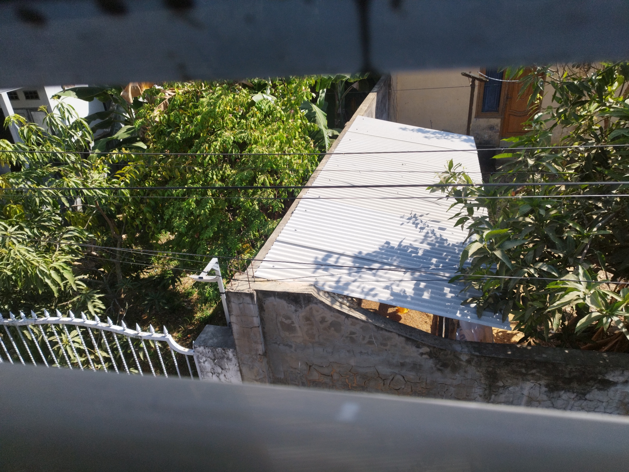 The image displays a residential scene, likely in Sumenep, Indonesia, viewed from a slightly elevated position. In the foreground, a grey metal railing with pointed finials runs horizontally across the bottom, partially obscuring the view. Beyond the railing, a corrugated metal roof, likely part of a house or shed, dominates the mid-ground. It has a light, silvery color and casts shadows from unseen trees. To the left of the roof, lush green foliage from trees and plants creates a dense canopy. A section of a concrete wall, showing cracks and some staining, runs along the base of the roof. In the background, glimpses of a building with a brown wooden door and window can be seen, along with more green vegetation. Power lines are visible stretched across the scene, passing over the roof and trees. The lighting suggests it is daytime, with sunlight casting distinct shadows. There are no people or animals visible in the image. The overall impression is one of an outdoor residential area with elements of both man-made structures and abundant plant life.