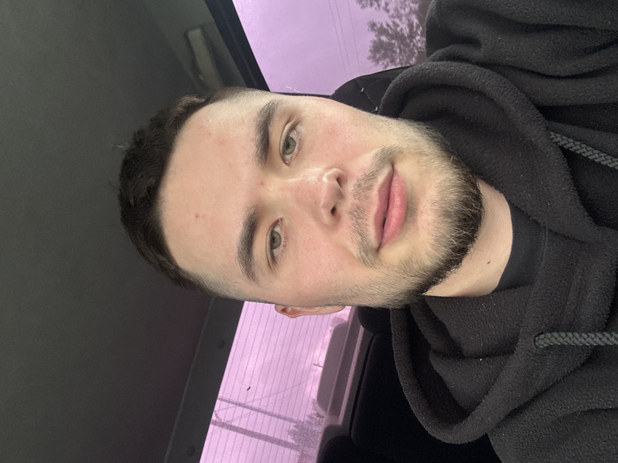 A young male subject is positioned centrally in a close-up selfie taken within the interior of a vehicle in Кондратово, Russia. He possesses fair skin, short dark hair with faded sides, prominent dark eyebrows, and green/hazel eyes. A short, trimmed beard and mustache are present, appearing dark brown around the chin and lighter/ginger-toned on the cheeks. Small red blemishes are visible on his forehead. His expression is neutral, and he maintains a direct gaze towards the camera. He is wearing a black, fleece-textured hooded sweatshirt with visible braided drawstrings around the neck, over a dark t-shirt. Small white fibers/lint are scattered on the hoodie's fabric.
The background reveals the vehicle's interior and the exterior environment through heavily tinted windows. The vehicle's ceiling is dark grey, and dark upholstery or trim is visible behind the subject. The rear and side windows are uniformly tinted with a strong magenta/purple film, significantly altering the color perception of the outside world. Through the tinted rear window, silhouetted trees with bare branches are visible against a lighter, overcast sky, along with horizontal utility lines or power lines. An interior air vent is subtly visible in the upper right quadrant of the image. The lighting is diffused, consistent with an overcast day or filtered by the heavy window tint.