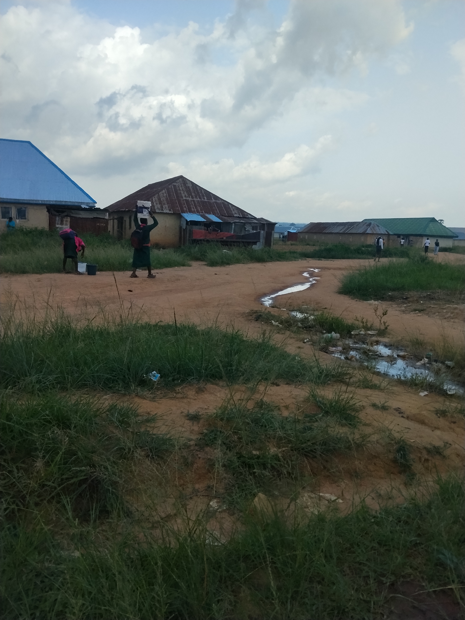The image depicts an outdoor scene in Durumi, Nigeria, likely during the late afternoon given the soft, diffused light and cloudy sky. The setting appears to be a semi-rural or developing area, characterized by dirt roads, sparse vegetation, and simple, functional buildings with corrugated metal roofs in various states of repair.
In the foreground, a dirt path winds through overgrown grass. A small puddle of murky water with some litter sits beside the path, suggesting a lack of advanced drainage. In the midground, two individuals are visible. One person, facing away from the camera, is carrying a stack of flat objects, possibly boxes or books, balanced on their head. They are wearing a dark green garment and a backpack. To their left, another person, also facing away, is carrying a pink bag over their shoulder and is near a black bucket.
Further into the scene, several buildings are visible. One building on the left has a striking blue corrugated metal roof. Another building in the center has a rust-colored corrugated metal roof and appears to be a shop or market stall with items visible inside. In the distance, more buildings with similarly styled roofs can be seen, including one with a green roof. A few other figures are walking in the distance.
The overall atmosphere is one of everyday life, with people engaged in activities such as carrying goods and moving about their community. The cloudy sky indicates potentially overcast weather or the approach of evening. There is no visible text in the image.