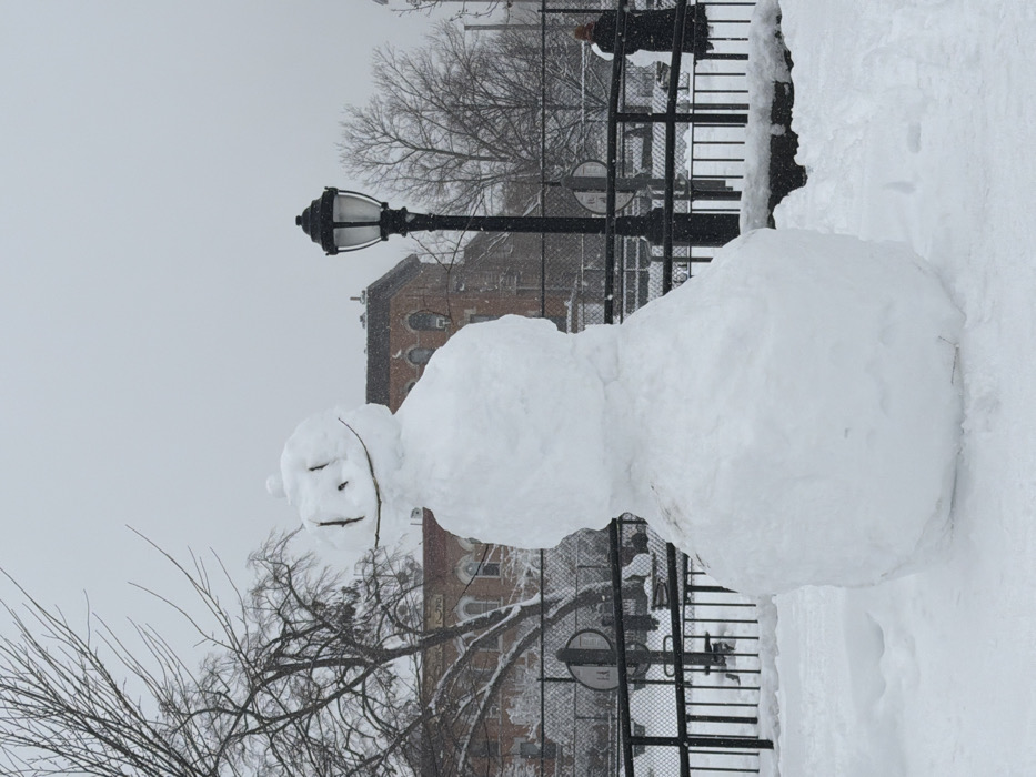 A snowman stands on a snow-covered ground under a gray sky. The snowman, composed of three large snowballs, has a simple smile made of twigs or sticks. A bare tree branch is visible to the left of the snowman. A black lamppost and a brick building are in the background. A dark fence runs along the edge of the snowy area, with a person visible further back. Snow is piled high around the snowman.