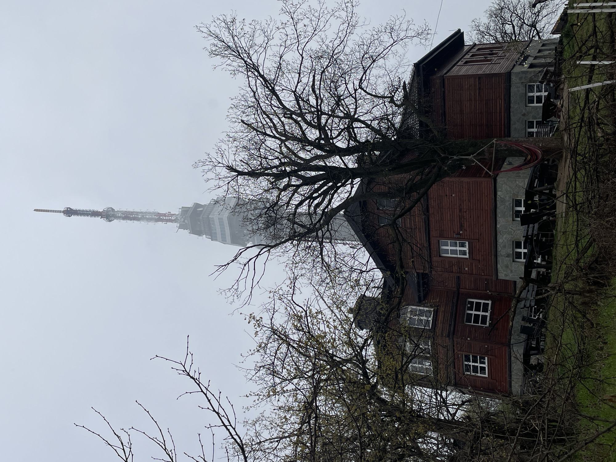 The image shows a tall tower and a multi-story wooden and stone building with white-framed windows, partially obscured by leafless trees. The setting appears to be foggy or overcast. The tower is likely the Avala Tower, placing the location in the city of Vozdovac Urban Municipality, Serbia.