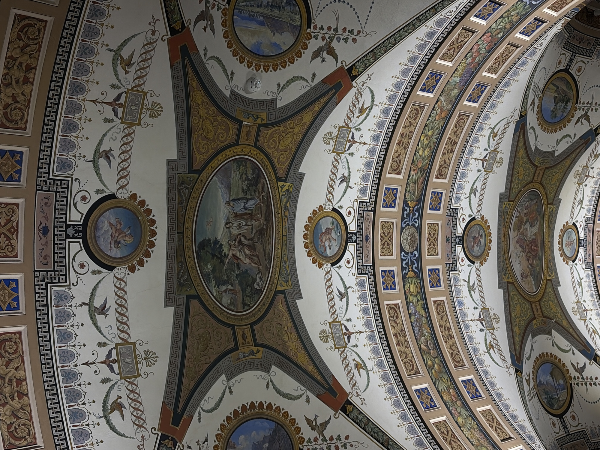 This is a high-angle, full shot of an ornately decorated ceiling, likely in a grand building such as a palace or museum in Saint Petersburg, Russia. The ceiling is curved and divided into various sections adorned with elaborate paintings and intricate geometric patterns.
The central subject is the highly detailed artwork that covers the entire ceiling. There are oval-shaped painted scenes depicting mythological or allegorical figures and landscapes. Some oval paintings feature cherubic figures, while others show scenes with human figures in classical attire, often interacting with animals or set against pastoral backdrops. Surrounding these central medallions are bands of decorative motifs, including repeating Greek key patterns, floral designs, and stylized birds. Arched sections of the ceiling are further decorated with rows of rectangular panels, each filled with different artistic elements such as still life paintings of fruits and foliage, or detailed mythological scenes in smaller frames. The color palette is rich, featuring gold, deep blues, earthy browns, and muted reds, contributing to a sense of opulence and historical grandeur.
There is no discernible activity or event taking place; the image captures a static architectural and artistic display. The lighting appears to be artificial, casting a uniform glow that highlights the detailed artwork, suggesting it is likely daytime or evening within the building. No text is visible within the image. The overall impression is one of immense artistic effort and a celebration of classical aesthetics within a significant architectural space.