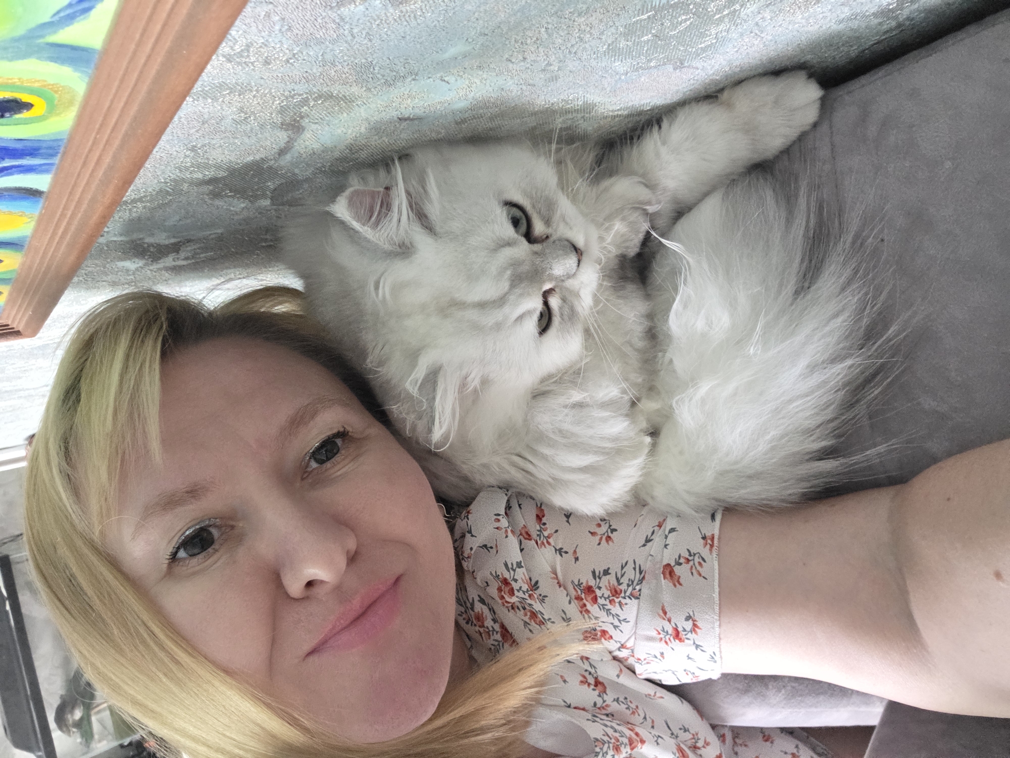 In a close-up, indoor shot, a woman with blonde hair and light skin smiles as she holds a fluffy white Persian cat. The woman is wearing a white blouse with a floral pattern of red and green flowers. The cat, with striking green eyes, is nestled against her shoulder. The background consists of a textured wall with a blue-green hue, and a portion of a framed painting with vibrant colors, including yellow, blue, and green, is visible in the upper right corner. A portion of a clear glass aquarium, possibly containing small creatures, is visible in the upper left. The overall environment suggests a home setting, possibly in Novocheboksarsk, Russia, given the provided context.