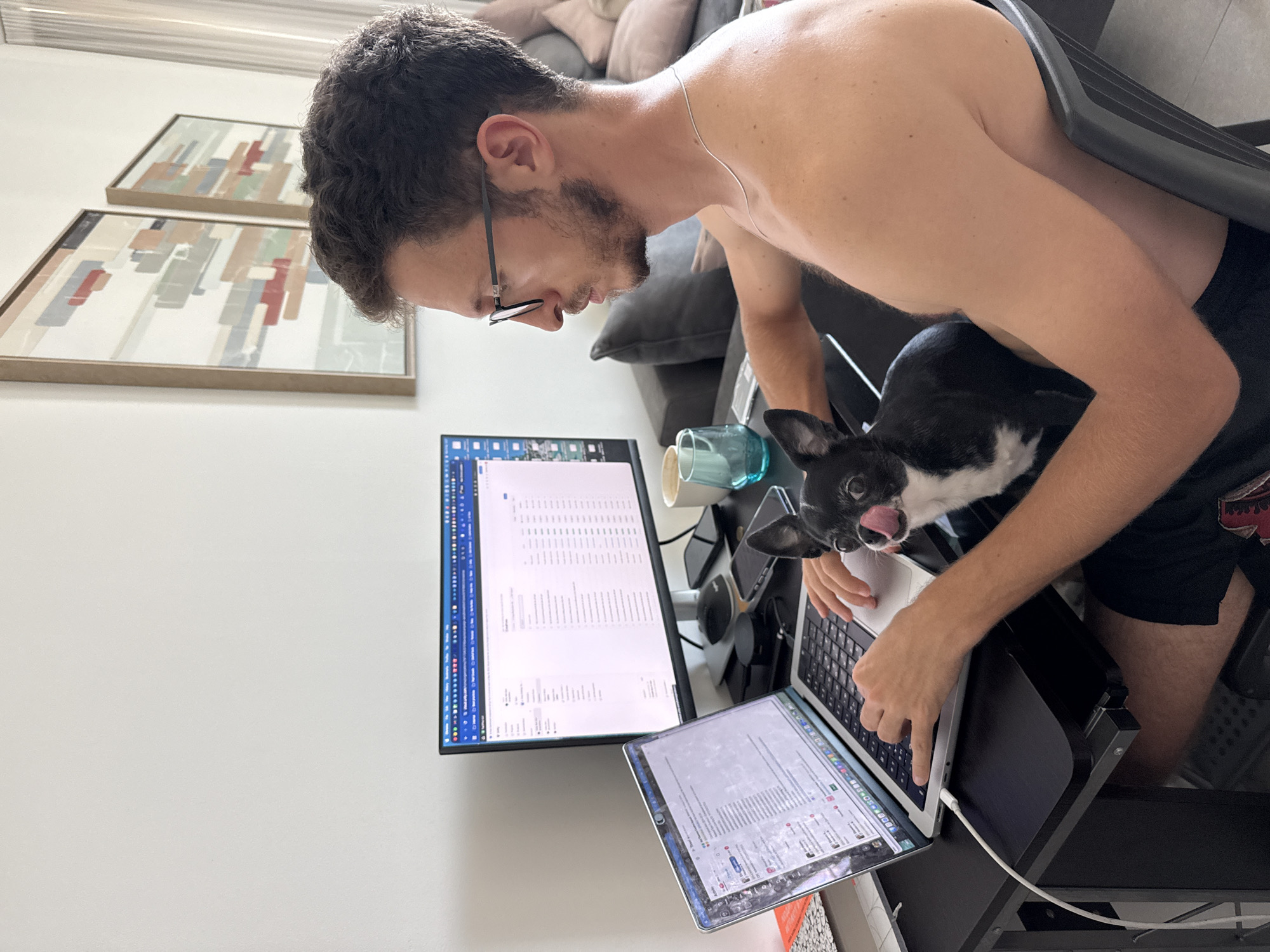 A man with glasses and a beard is working on a laptop with a black and white dog on his lap. He is shirtless and wearing black shorts. He is seated in a black chair at a black desk. A second computer screen is to his left, displaying text. Two framed pictures hang on the wall behind him. A couch with pillows is visible in the background. The location appears to be an indoor office space in a residence. This image does not provide any discernible visual cues to determine if the location is in the city of Tel-Aviv, Israel.