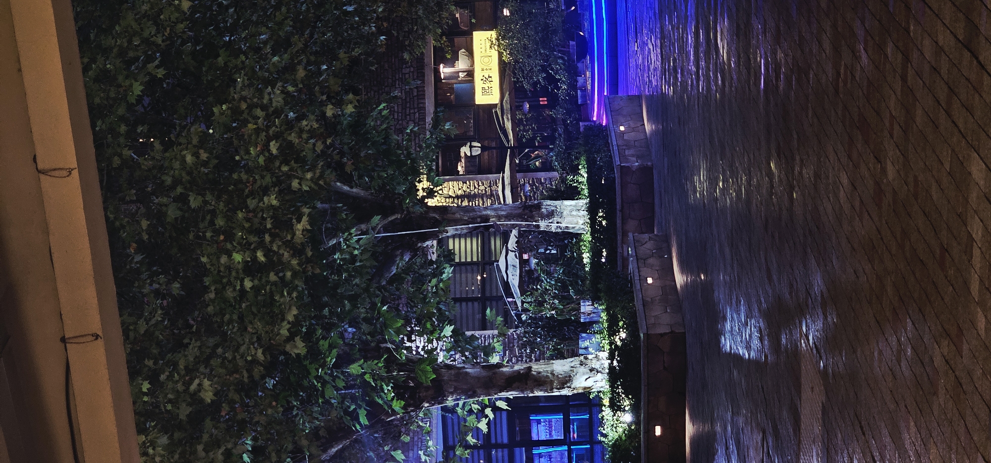 The image depicts an outdoor scene at night in Chongqing High-tech Zone, China. The foreground is a wet brick pathway, reflecting the ambient light. Two large trees with white-painted trunks are prominent in the mid-ground, surrounded by low stone planters with embedded lights. Beyond the trees, there are several outdoor seating areas with umbrellas, likely for a restaurant or cafe. The background features the facade of a building with stone and glass elements, illuminated by interior lights and a bright yellow sign with Chinese characters. There are also visible neon or LED lights in blue and purple hues illuminating the ground in the distance. No people are clearly visible in the image. The overall atmosphere is illuminated and somewhat wet, suggesting recent rain.