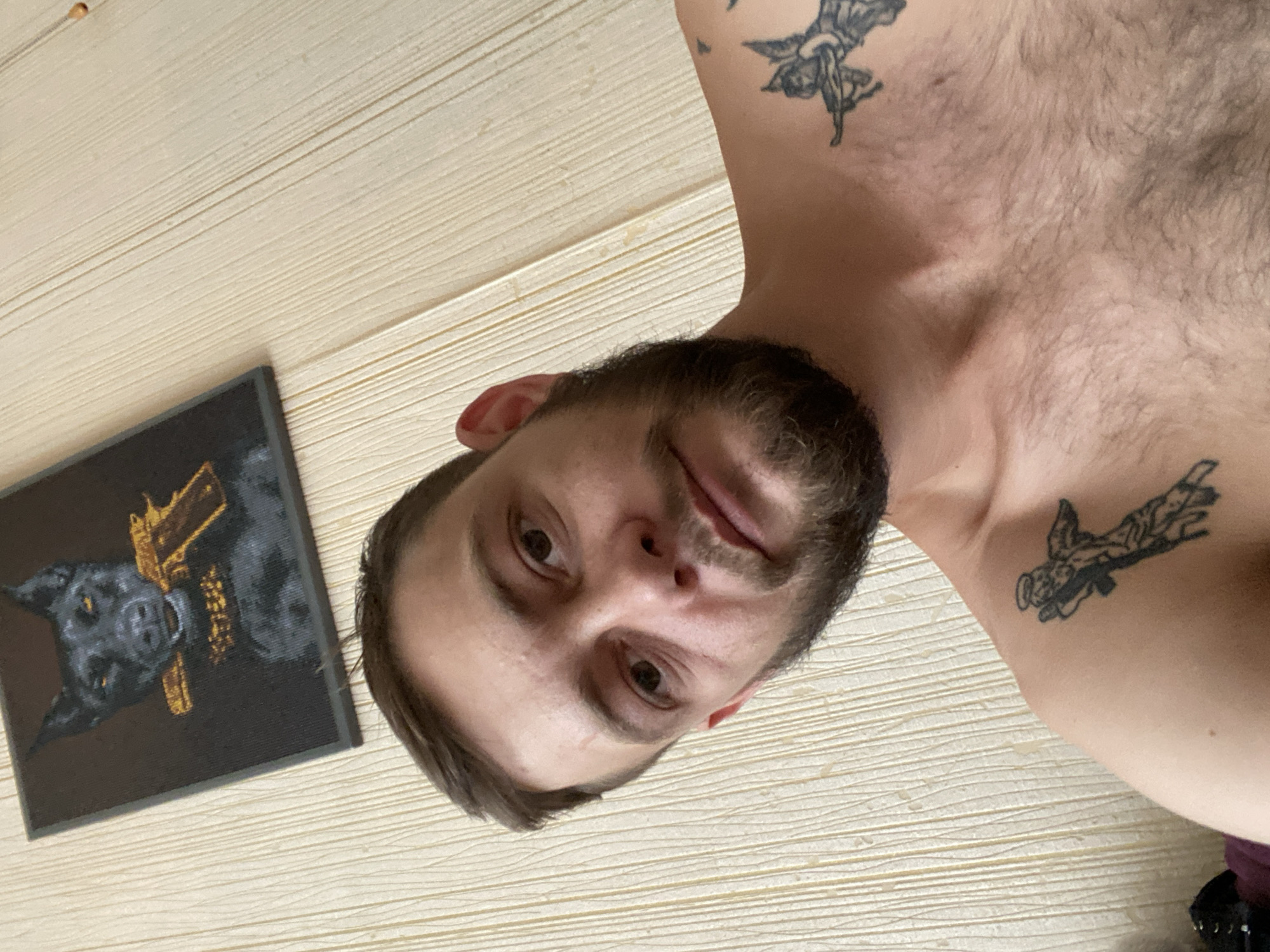 An overhead shot shows a young man with short brown hair and a beard, looking up at the camera. He is shirtless, revealing tattoos on his chest and shoulder. The man is positioned in the foreground, with a textured beige wall behind him. A framed picture hangs on the wall above him, depicting a black dog holding a golden pistol in its mouth. The image appears to have been taken indoors, in a residential setting.