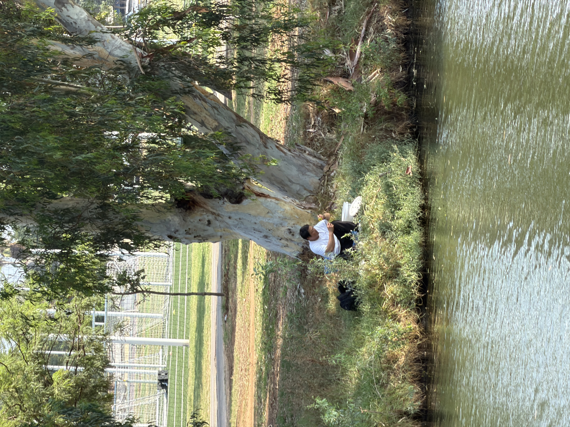 A man is sitting on the grassy bank of a river in Tel Aviv, Israel, facing the water. He is wearing a white t-shirt and dark pants and appears to be fishing. Next to him is a black backpack and a white bucket. The river is calm and reflects the green foliage from the trees that overhang the bank. In the background, beyond the trees, a sports field with goalposts and white fencing is visible. The sun is shining, casting dappled shadows from the leaves onto the ground.