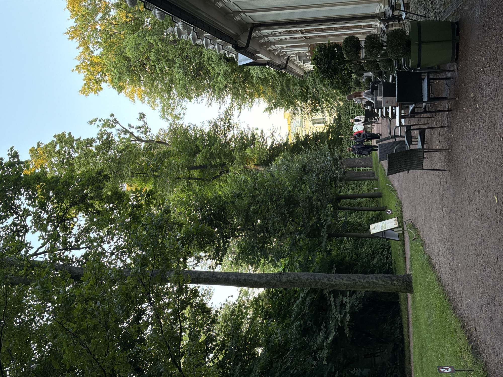 The image depicts an outdoor seating area adjacent to a building in a park-like setting in Saint Petersburg, Russia. Tall, mature trees line a gravel pathway. Several tables and chairs are arranged on the gravel, with some patrons seated at one of the tables. The building on the right has a white facade with decorative elements and awnings over its windows. In the background, a building with yellow accents can be seen. The sky is clear and light blue.