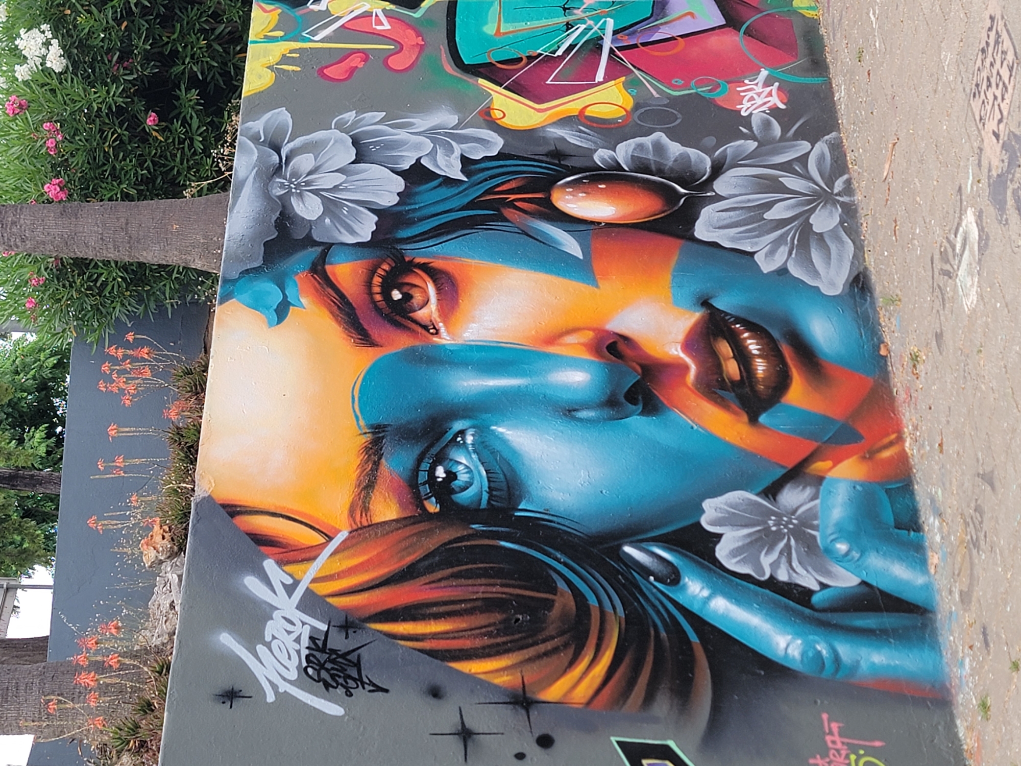 This media file is a photograph of a vibrant mural painted on a wall, possibly in Quarteira, Portugal. The mural depicts a stylized portrait of a person's face, rendered in bold blues, oranges, and reds. The face is tilted, with one eye prominently featured, showcasing an intense, wide-eyed expression. Abstract shapes and patterns, including colorful geometric forms and flowing lines, surround the face, adding to the dynamic and energetic composition.
Several gray, stylized flowers are integrated into the artwork, placed near the eyes and on the chin area. A glossy, oval-shaped object, possibly a pearl or a dewdrop, is positioned near the forehead. The lower portion of the mural includes representations of hands, one holding a delicate gray flower. Graffiti-style lettering in white and pink is visible on the lower left side of the mural, adding a street art aesthetic.
The mural is situated outdoors, adjacent to a paved area and a patch of dry, sandy ground with sparse vegetation and small orange flowers. In the background, the lush green foliage of trees and bushes is visible, along with a rough-barked tree trunk. The overall impression is one of artistic expression and urban decoration, with the mural being the central focus. The lighting suggests it is daytime, and the outdoor setting implies a public space.