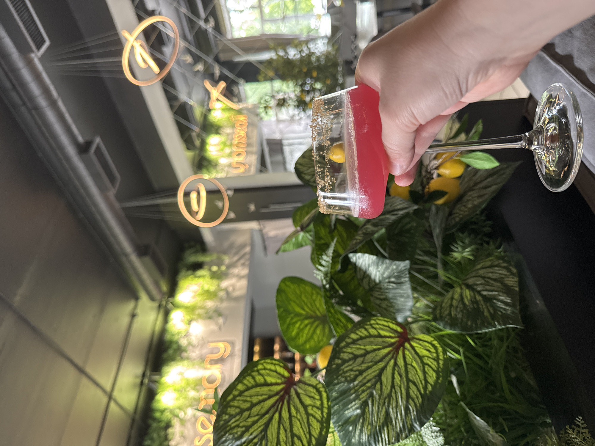 A hand holds a stemmed glass containing a pink cocktail with a sugar rim and a lemon garnish. The glass is positioned in the foreground, slightly to the right of the center. Behind the glass, lush green foliage with prominent veining is visible. Yellow lemons are scattered amongst the plants. In the background, illuminated signs with glowing orange text are present. One sign appears to read "rosemary" and another partially visible sign includes the characters "vansal". Modern pendant light fixtures with circular designs hang from the ceiling. The environment suggests an indoor setting, possibly a restaurant or bar, with a contemporary design. The presence of illuminated signs and decorative plants indicates a commercial establishment. No people are clearly depicted in the scene, other than the hand holding the drink. The specific location in Votkinsk, Russia, cannot be determined from the visual information provided in the image.