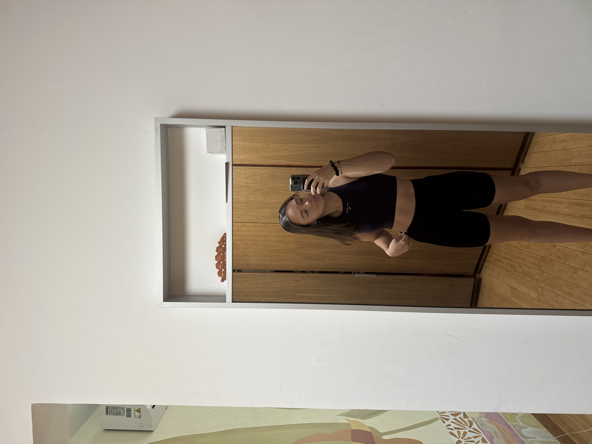 A woman is taking a mirror selfie in an indoor location. The mirror has a light grey frame and reflects a section of the room, showing a wooden closet or cabinet doors. A decorative item is visible above the closet. The woman is wearing a black sports bra and black shorts. In the lower part of the image, a section of a painting is visible with green, beige, and pinkish tones. Based on the tags, the location of the scene is in San Bernardino Tlaxcalancingo, Mexico.