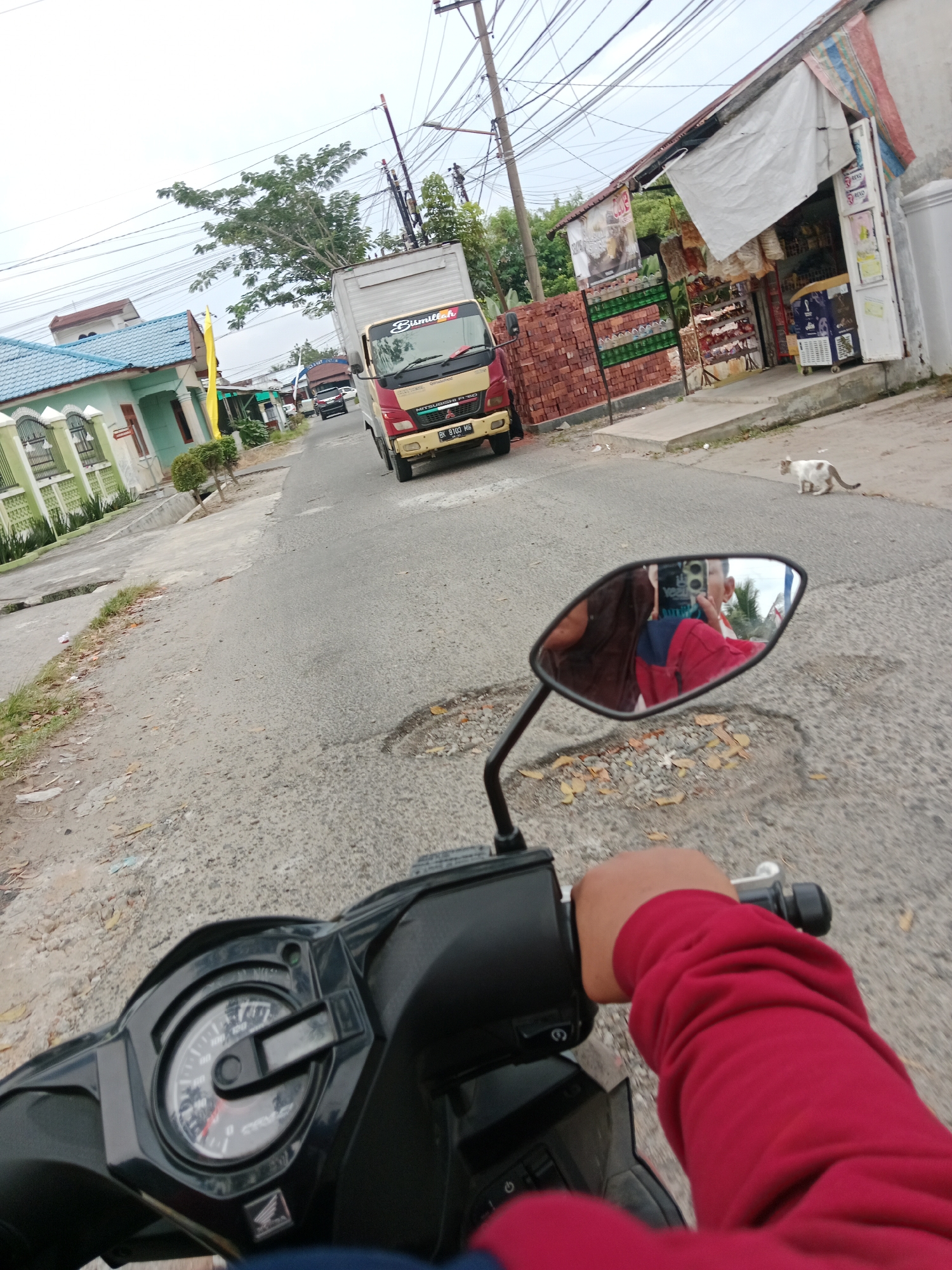The image depicts a street scene in the city of Binjai, Indonesia. The perspective is from the rider of a motorcycle, looking forward and to the side. In the foreground, the handlebars and instrument cluster of the motorcycle are visible. A red sleeve of the rider's shirt is also prominent.
The street itself is paved and appears to be in moderate condition, with some visible cracks and potholes. To the left of the street, a light green house with a blue roof is visible, featuring decorative white fencing and manicured greenery. Further down the street, a yellow flag is planted.
On the right side of the street, there is a shop with an open front, displaying various goods. A pile of red bricks is stacked next to the shop. A white and brown cat is walking across the street in front of the shop.
Further down the road, a yellow and red truck is parked or moving. The truck has "Bismillah" written on its front. The background shows more buildings, trees, and a dense network of overhead electrical wires, characteristic of urban areas in Indonesia.
The sky is overcast, suggesting a cloudy day. The reflection in the motorcycle's side mirror shows the rider and what appears to be another person, possibly a passenger. The overall impression is a snapshot of daily life on a street in Binjai.