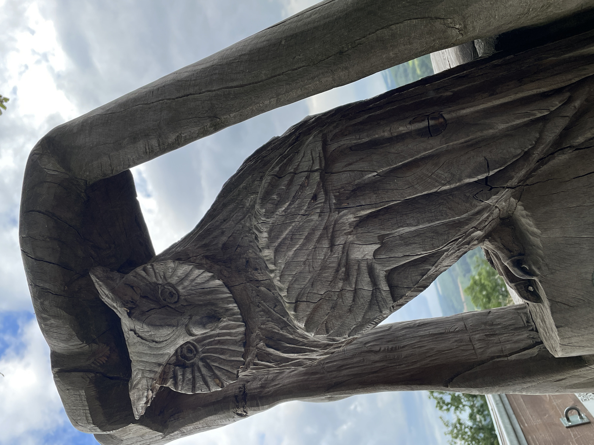 A close-up, low-angle outdoor shot captures a large, intricately carved wooden owl sculpture set against a cloudy sky. The owl is carved from a weathered, dark wood, showing significant cracks and grain detail. Its large, circular eyes and detailed feather patterns are clearly visible. The sculpture appears to be part of a larger wooden structure, with thick, rough-hewn wooden posts framing the owl on either side and a curved wooden beam above. In the background, a hazy landscape of green hills and trees is visible, suggesting the sculpture is located outdoors, possibly on an elevated viewpoint. The lighting is overcast, creating soft shadows.
