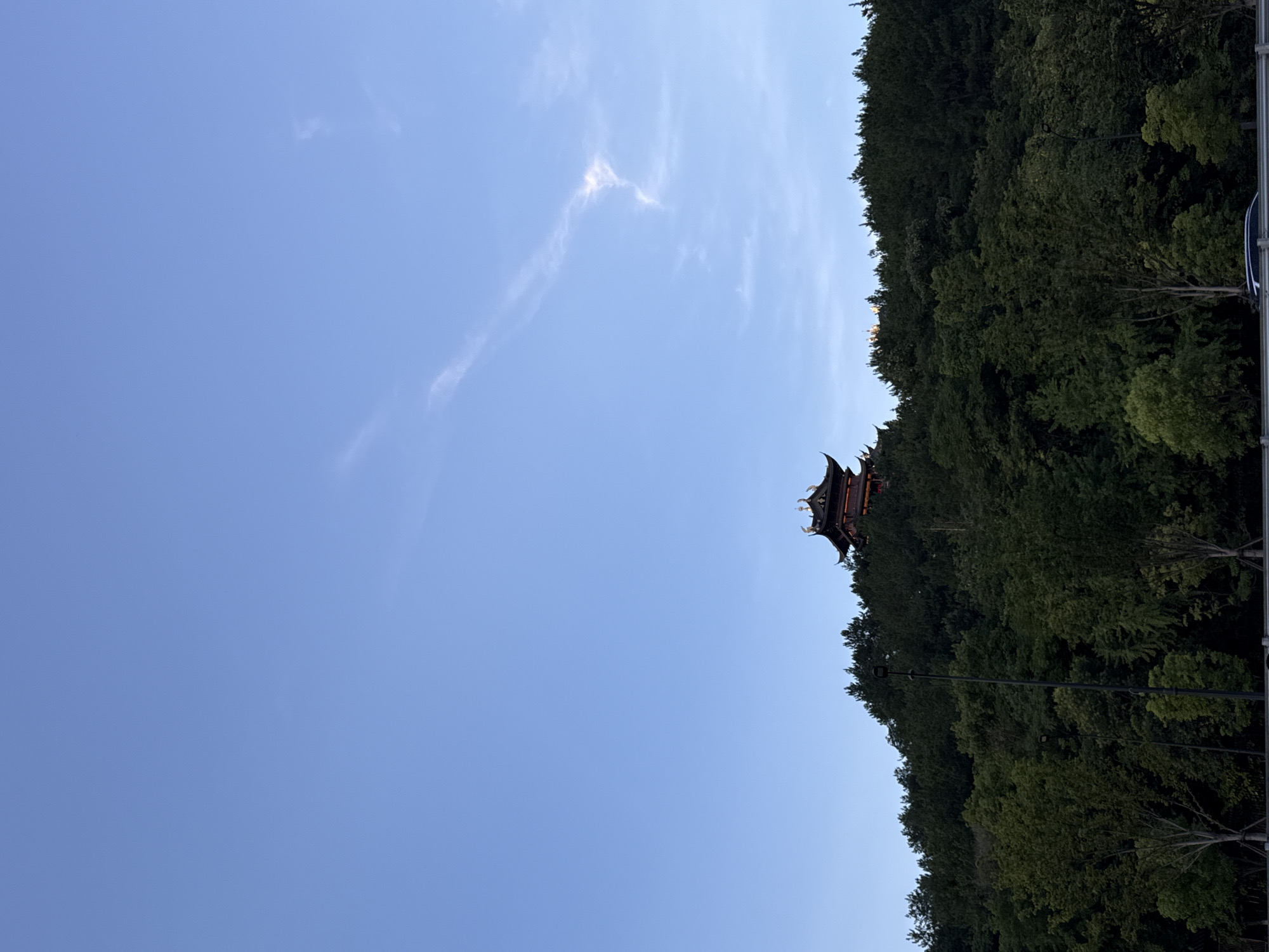 The image shows a pagod-style building on top of a heavily wooded hill, with a clear blue sky above. The building is dark with ornate golden trim and features multiple tiered roofs. The hill is covered with dense, dark green trees. In the foreground, a metal barrier is visible, and a car is passing by. Two streetlights are also visible on the hillside, partially obscured by trees. The scene appears to be captured during daylight, likely late afternoon or early evening, given the quality of light. This building is identified as the Luozhamen Pagoda, a notable landmark in Yiwu, China, situated within the scenic Luozhamen area.