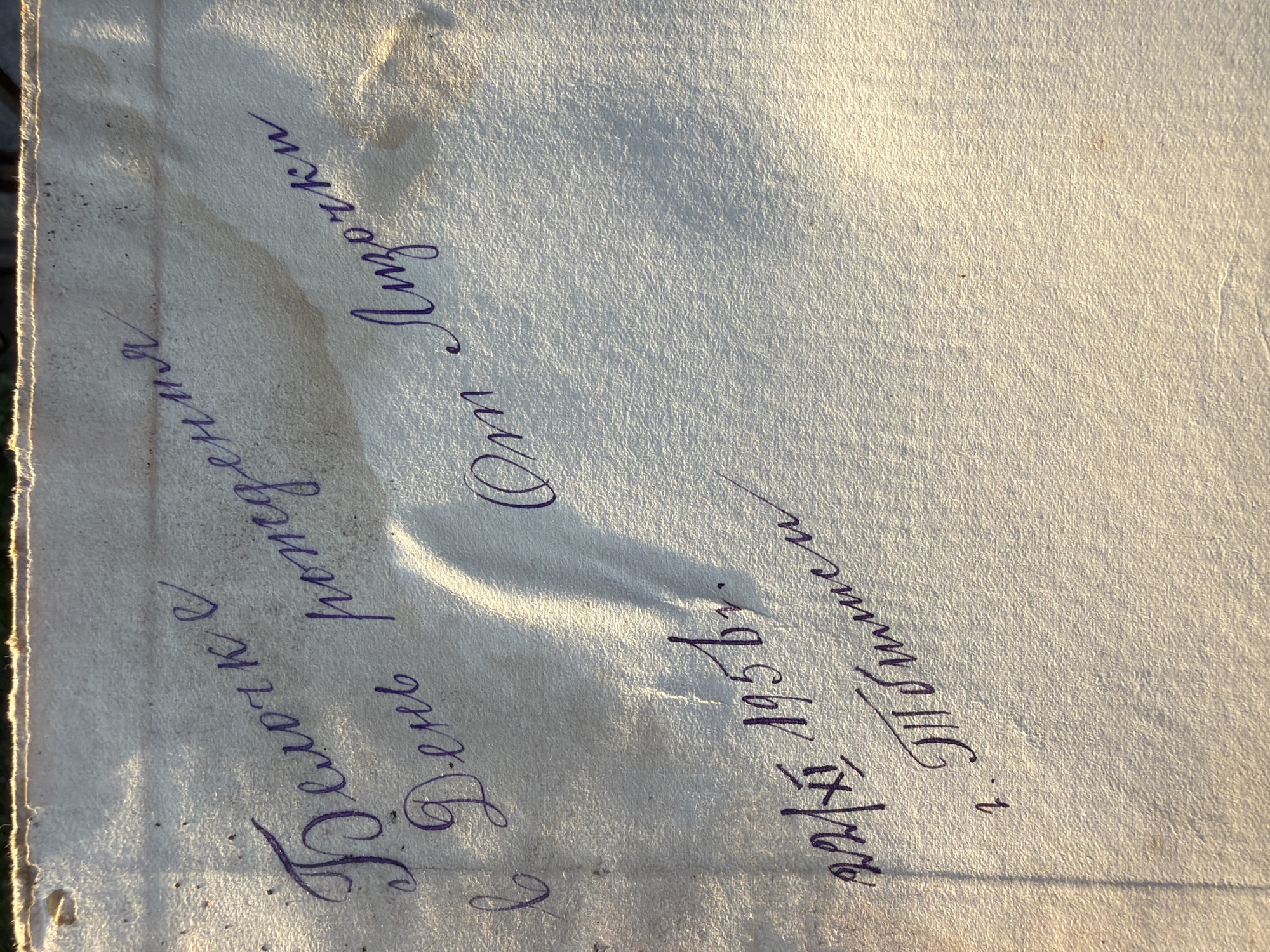 The image shows a piece of aged paper with handwritten text in Russian. The text reads: "Телочке с Днём рождения От Лизочки. 22/XI 1956 г. Тбилиси" which translates to "To Telochka, Happy Birthday from Lizochka. 22/XI 1956 Tbilisi." The handwriting is in cursive with dark ink. The paper is creased and has signs of wear and tear. The inscription indicates that it was written in Tbilisi, Georgia.