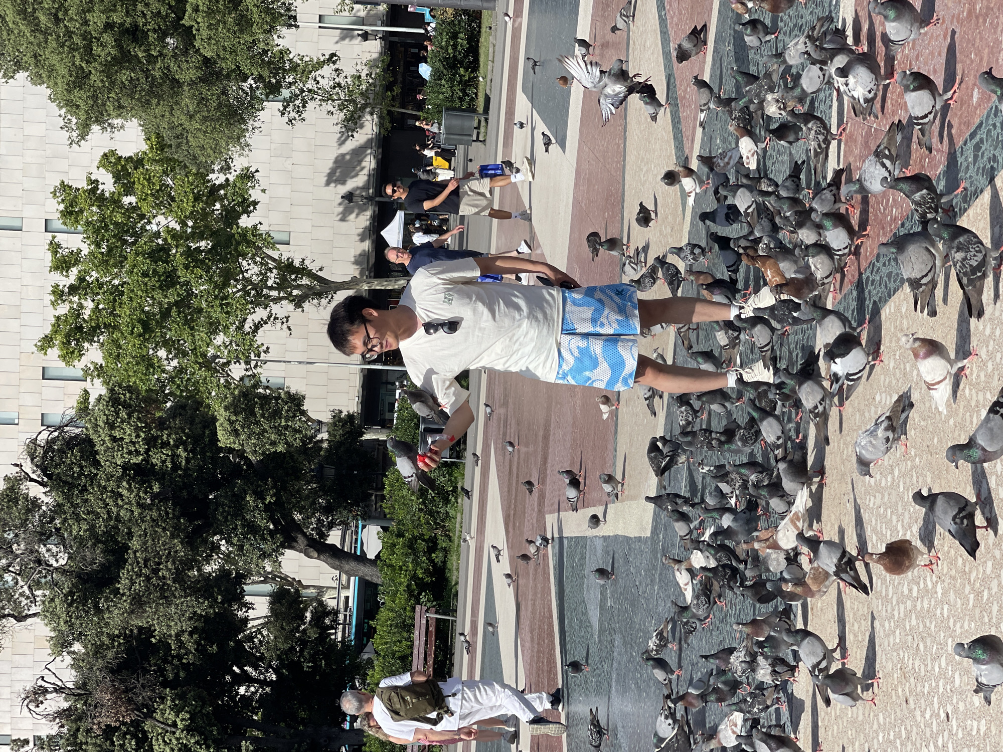 A young man wearing glasses, a white t-shirt, and blue and white patterned shorts stands in a plaza, holding a red object in his right hand and surrounded by a large flock of pigeons. He is looking to his left. Behind him, a man in a white shirt and pants with a backpack walks away, and other pedestrians and trees are visible in the background. The plaza has a patterned ground with red and white sections, and there are street lamps and buildings in the distance. The scene appears to be La Rambla in Barcelona, Spain.