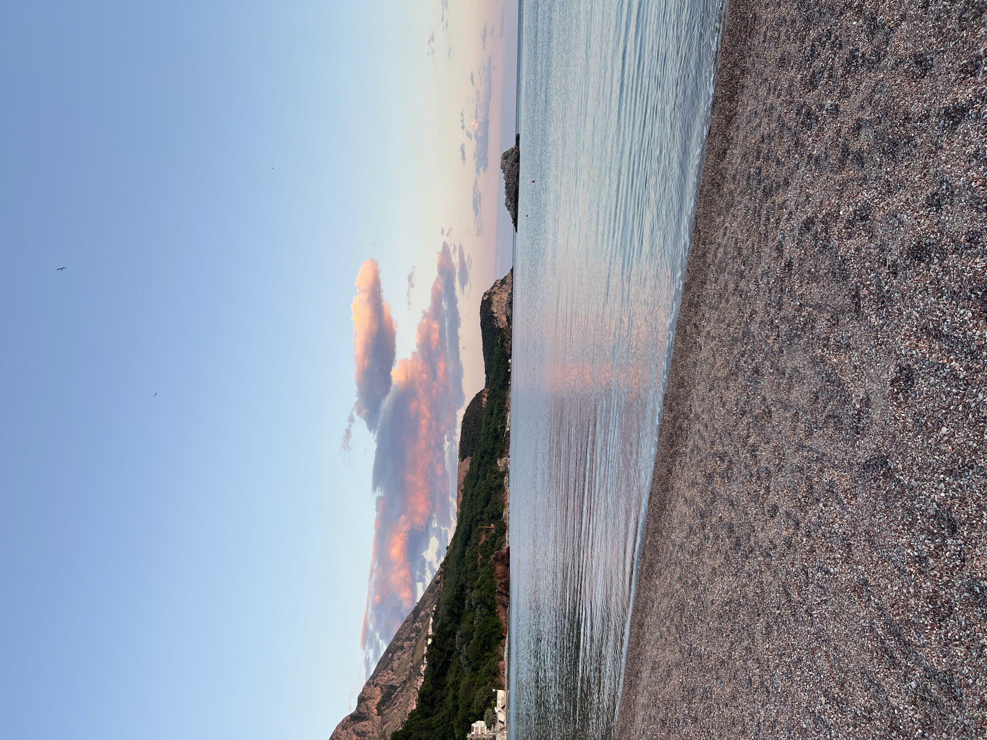 The image depicts a serene coastal landscape at either sunrise or sunset, characterized by soft, warm lighting. In the foreground, a wide, pebbly beach occupies the right side of the frame, meeting the gentle, rippling waters of the sea on the left. The water reflects the muted colors of the sky, showcasing subtle blues, pinks, and oranges.
In the midground, a lush, mountainous coastline rises from the sea, covered densely with dark green vegetation. Scattered along the hillside are a few small, light-colored buildings or structures, nestled among the trees. Further out in the calm water, several rocky islets or small islands are visible.
The sky above is a clear, pale blue, transitioning to lighter hues near the horizon. A striking, elongated cloud formation stretches across the sky, illuminated with vibrant pink and orange tones, indicating the early or late hours of the day. Two small, dark silhouettes of birds are visible high in the sky, adding a subtle touch of life to the expansive view.
The overall scene conveys a sense of tranquility and natural beauty, consistent with the provided location context of Sveti Stefan, Montenegro, known for its picturesque coastline and mountainous terrain. There is no visible text in the image.