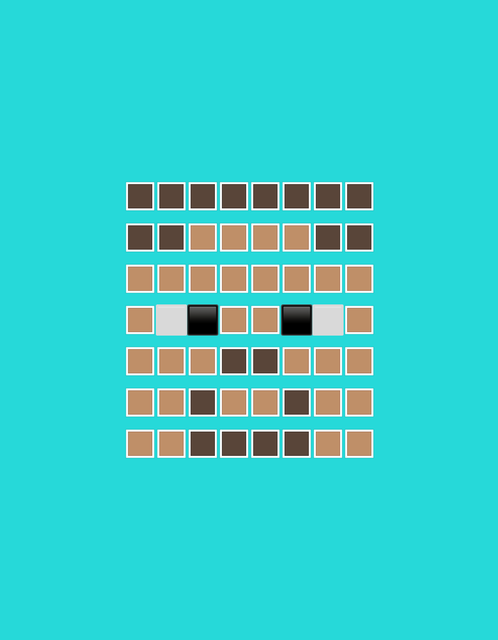 The image features a pixel art-style face centrally positioned against a solid turquoise background. The face is constructed from a grid of 6 rows and 10 columns of small, uniformly sized squares, each outlined in white. The color palette for the squares includes dark brown, light brown, black, and white.
The top two rows of the face are composed entirely of dark brown squares. The third row consists solely of light brown squares. The fourth row forms the eyes, characterized by two distinct black square eyes separated by two light brown squares in the middle, and framed by single white squares directly adjacent to the black eyes, with light brown squares at the far ends. The fifth row displays a mixed pattern of light brown and dark brown squares. The sixth and bottom row exhibits an alternating sequence of light brown and dark brown squares.
No activity or event is taking place; the image is a static graphic. There are no discernible location cues, specific time of day, weather conditions, or visible text. The stylized, blocky appearance suggests a character or animal face, potentially from a pixelated video game or emoji design, conveying a neutral expression.