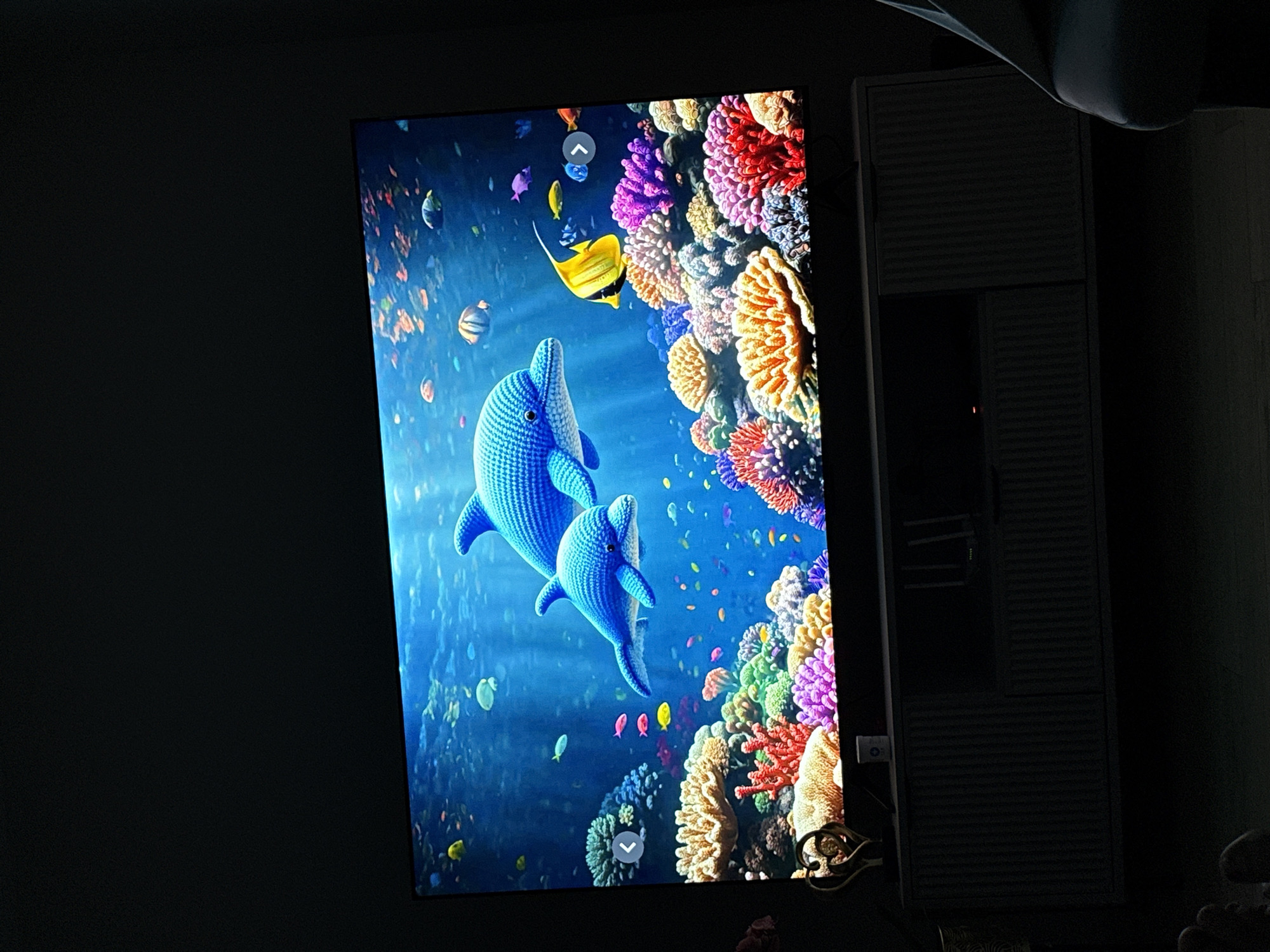A screen displays an underwater scene with coral and dolphins in a dark room.
