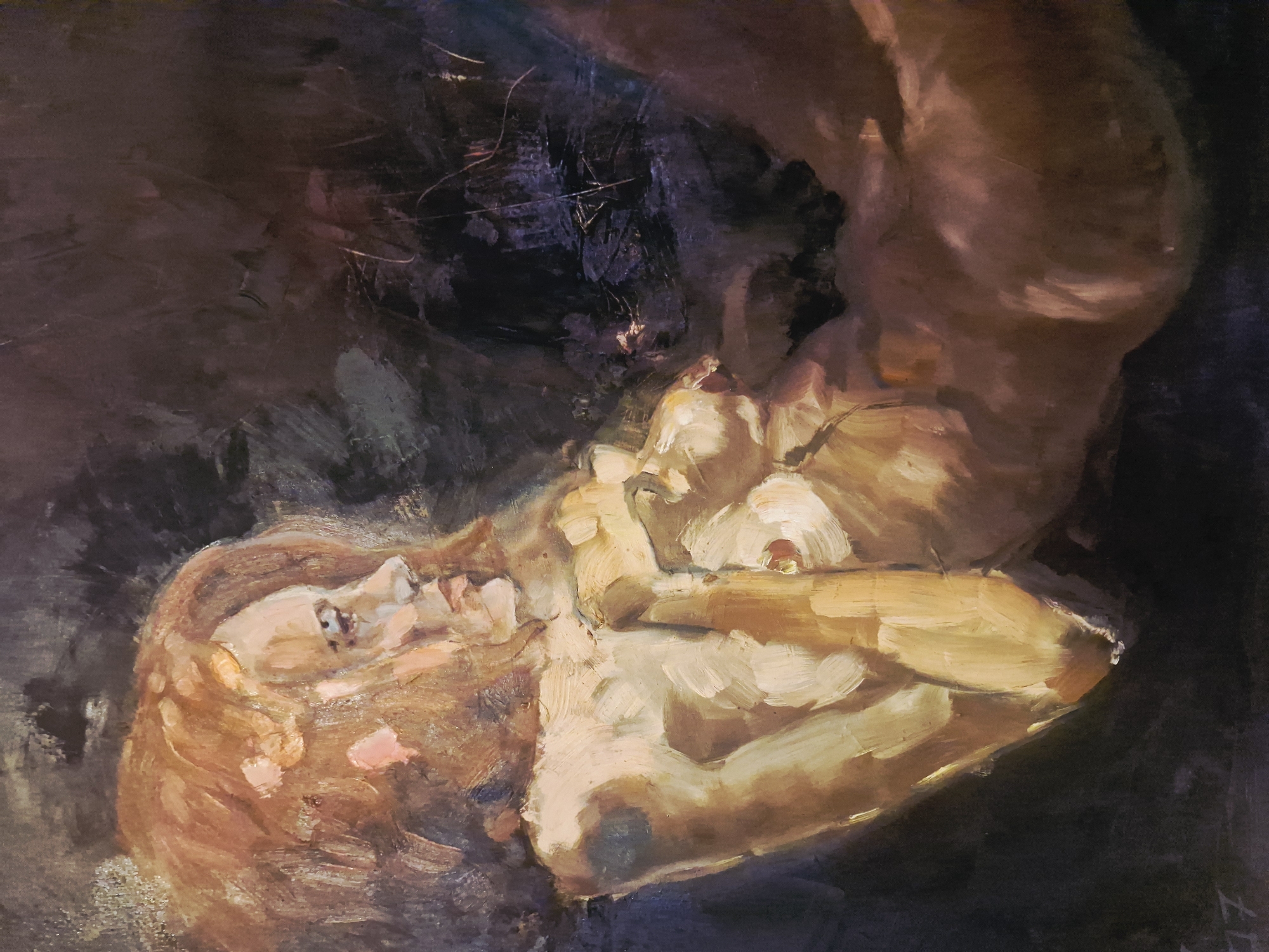 The image is an oil painting depicting a nude woman. She is lying down, her head tilted back and to the left, with her face and upper body facing upwards. Her left arm is across her torso, partially covering her breasts. Her complexion is fair, with touches of pink and orange in the highlights. The background is dark and murky, primarily consisting of shades of brown and black, with visible brushstrokes. The painting is likely a study of the human form, focusing on light and shadow. Hrabrino, Bulgaria is not featured in the image. There are no indications of setting or location.